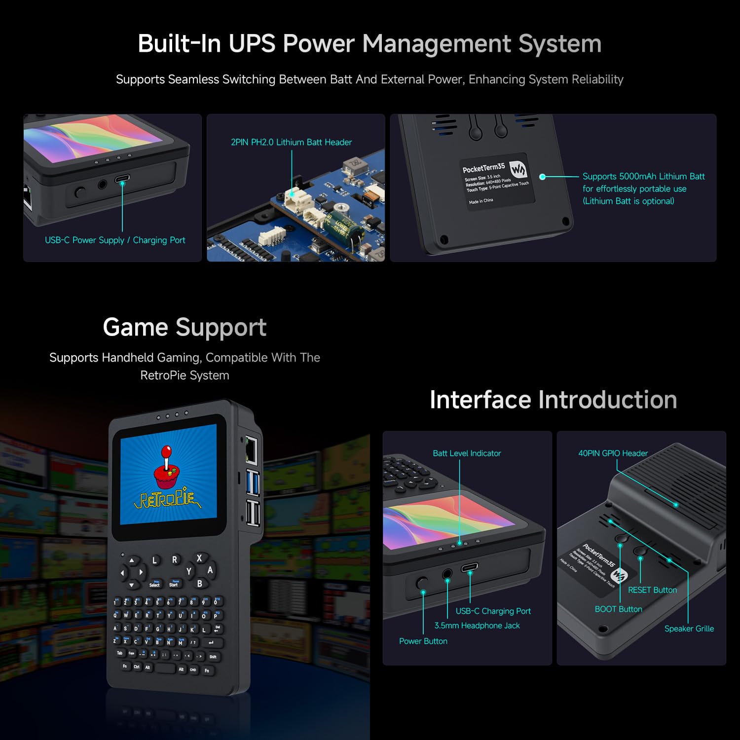 Waveshare Portable Handheld Linux Terminal with 3.5inch Touch Display, 640 × 480, Optical Bonding, Compatible with Pi 4B/5 Portable Development and Debugging Devices, PocketTerm35-Pi5 Host