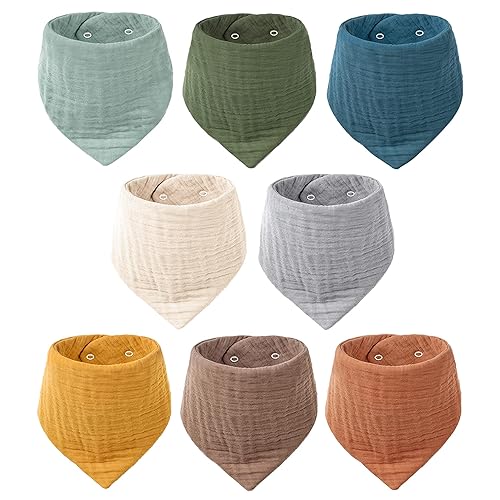 Miniatura 8 de Konssy Baberos de muselina para bebé, paquete de 8 baberos bandana para bebé, 100% algodón para bebé, unisex, juego de 8 colores sólidos para