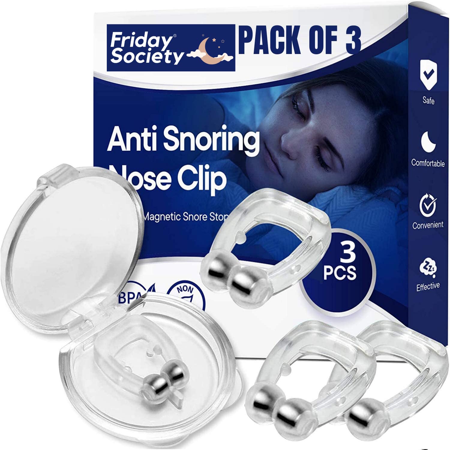 Friday Society® Anti Snoring Device for Men & Women - 3 Reuseble Nose Clips with Case