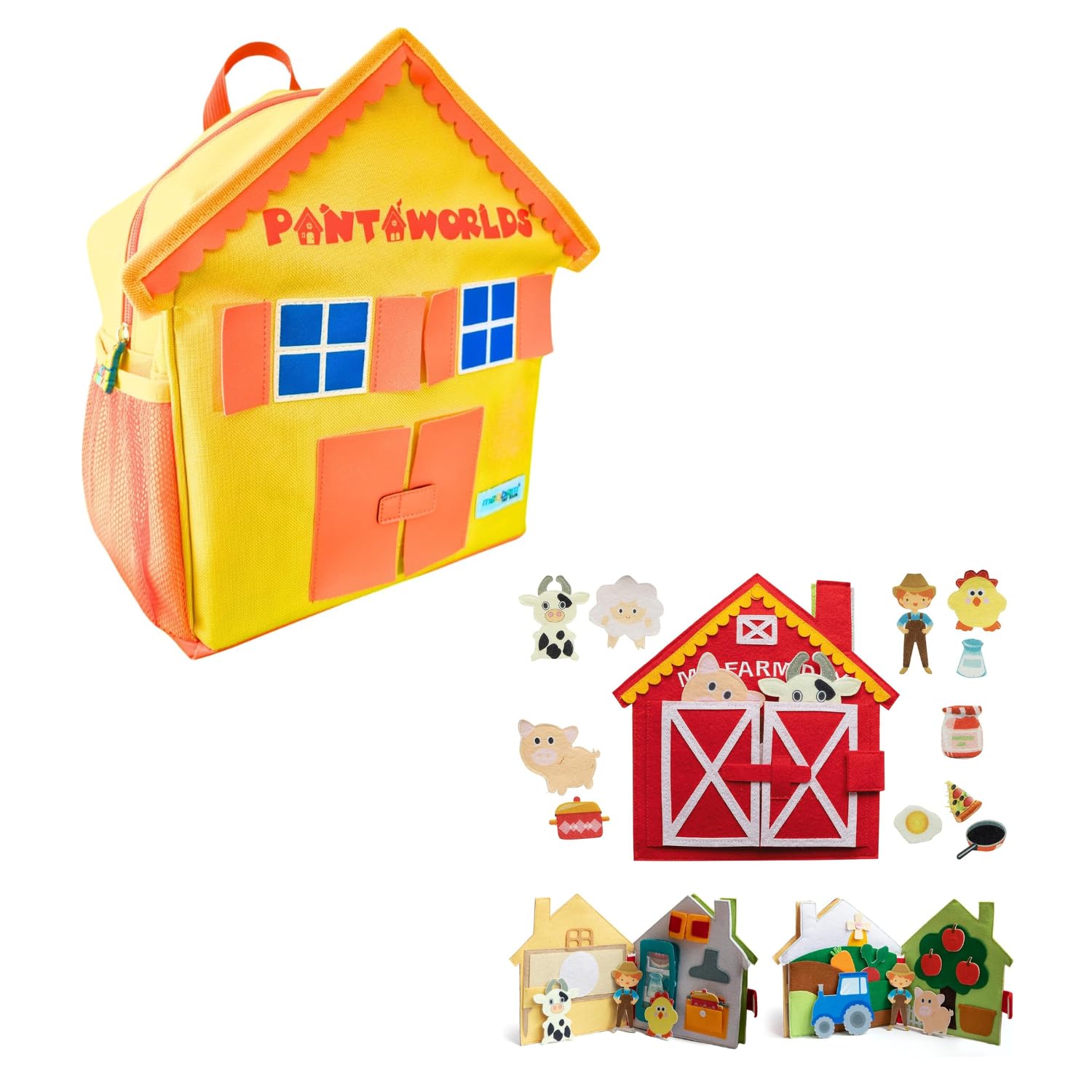 Pantaworlds | Zainetto a Forma di Casa + Libro Montessori Interattivo 0-1-2-3-4-5 Anni, Zainetto Asilo e Libro Sensoriale Quiet Book My Farm Day | Idea Regalo Bambini | Certificato CE | Fattoria