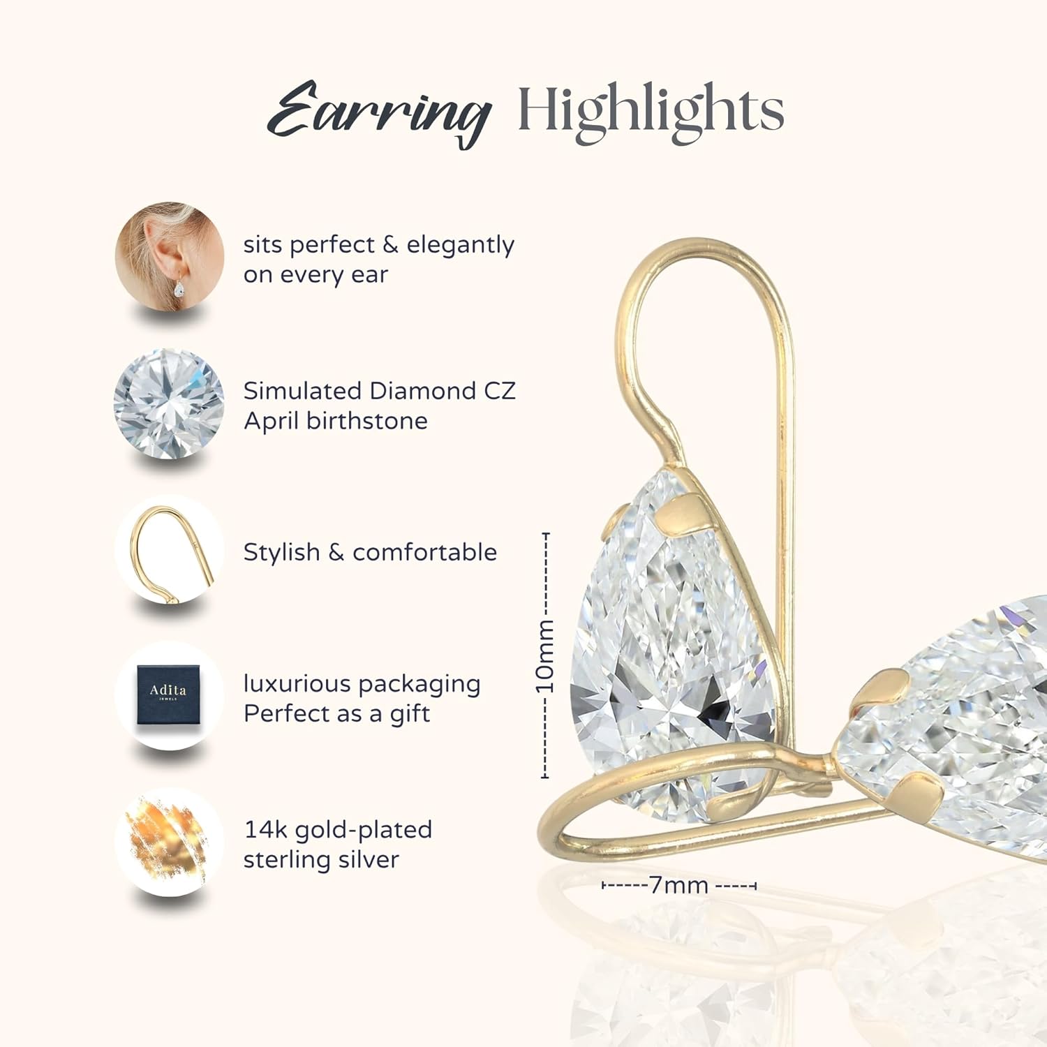 Yellow Gold Plated Gemstone Teardrop Earrings – Small Dainty Birthstone Earrings for Women - Yellow Gold Plated over Silver Dangle Earrings
