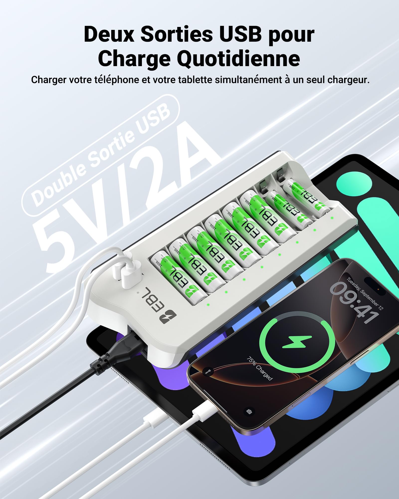 EBL Chargeur de Piles Rechargeables + 8PCS Piles AA Rechargeables Puissantes, avec 2 USB Ports pour Accus AA/AAA/Ni-MH et Smartphone, Tablette