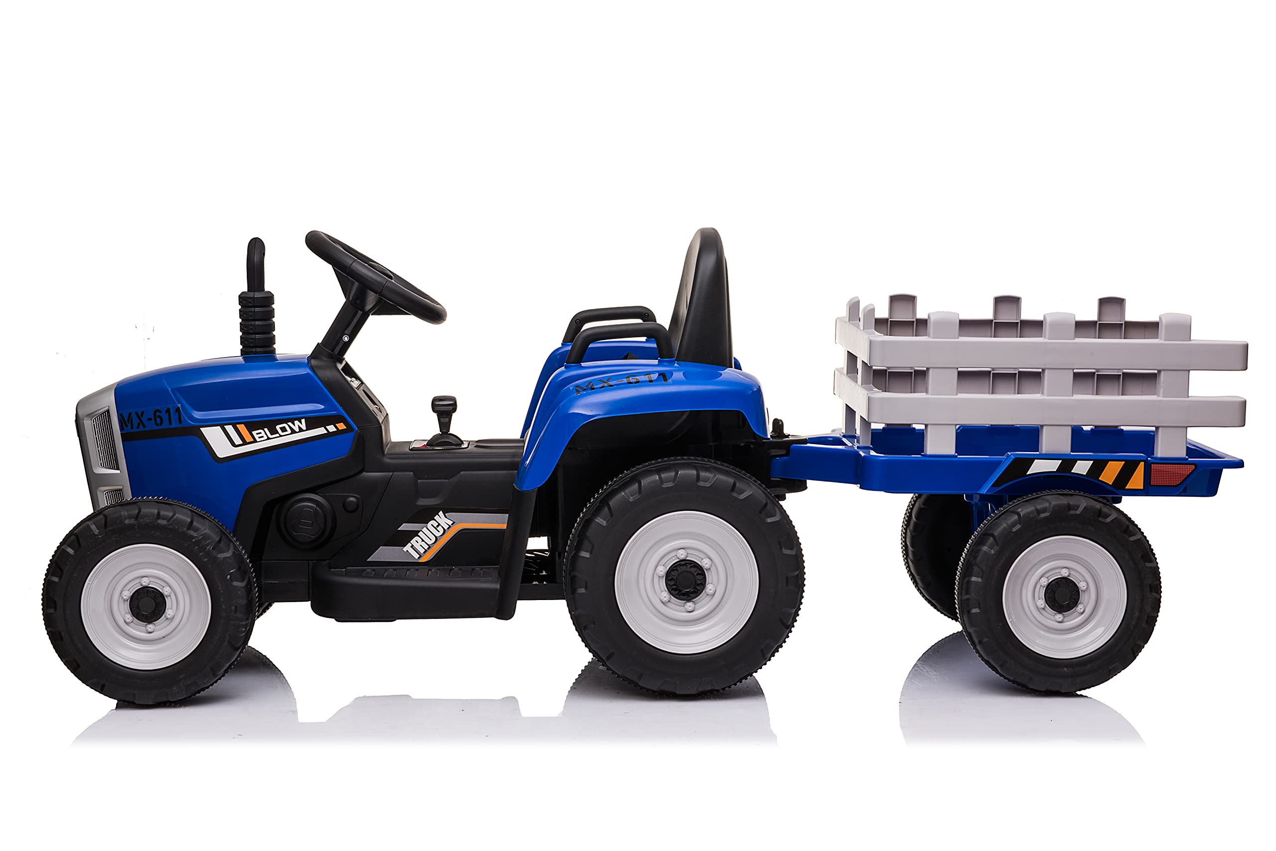 FINOOS Trattore elettrico per bambini 12V con pala e rimorchio rimovibile veicolo elettrico per bambini con luce LED musica clacson telecomando 2.4G 2-5 km/h, blu