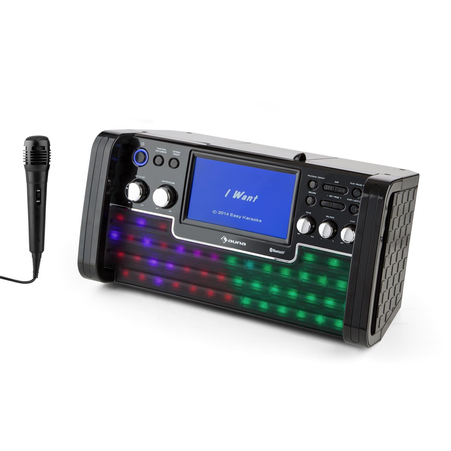 AUNA DiscoFever - Apppareil karaoké, Systeme Karaoke Complet, Microphone Filaire Dynamique, Fonction Enregistrement, Sortie vidéo, CD/CD+G/CD-R/MP3, Effet Lumineux, Ecran Couleur - Noir