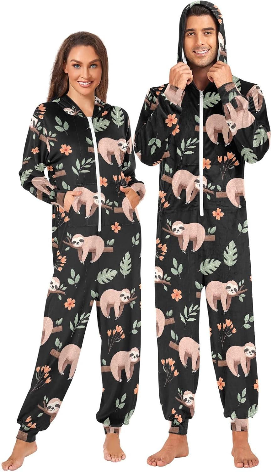 Cute Sloths Black Men Women Onesie Pjs, Warm Men's Women's House Wear XS