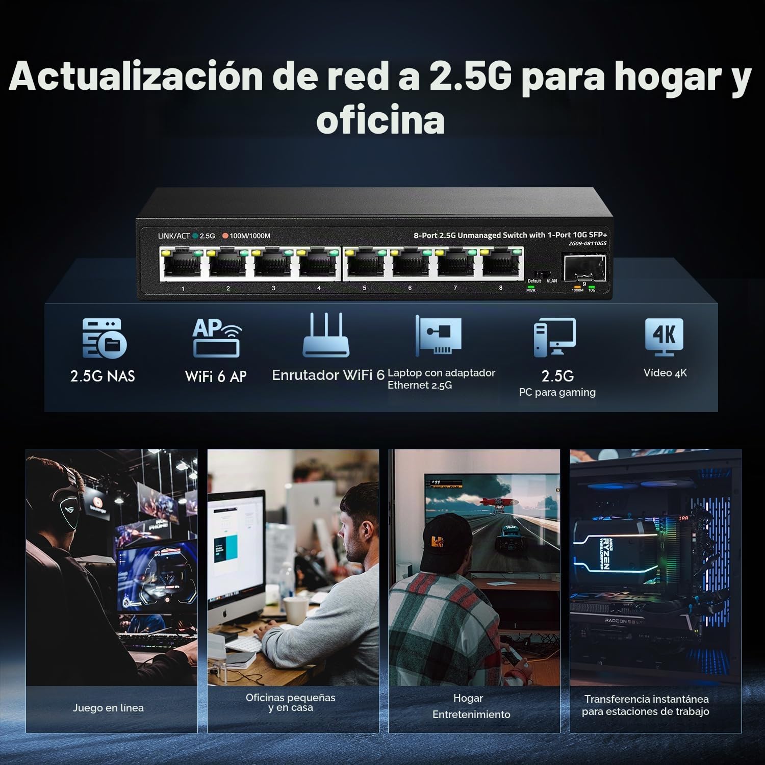 Binardat Switch de 8 Puertos 2,5G con Puerto 10G SFP+, 8 Puertos 2,5 Gigabit RJ-45 Base-T, conmutador Ethernet de sobremesa multigigabit no gestionado