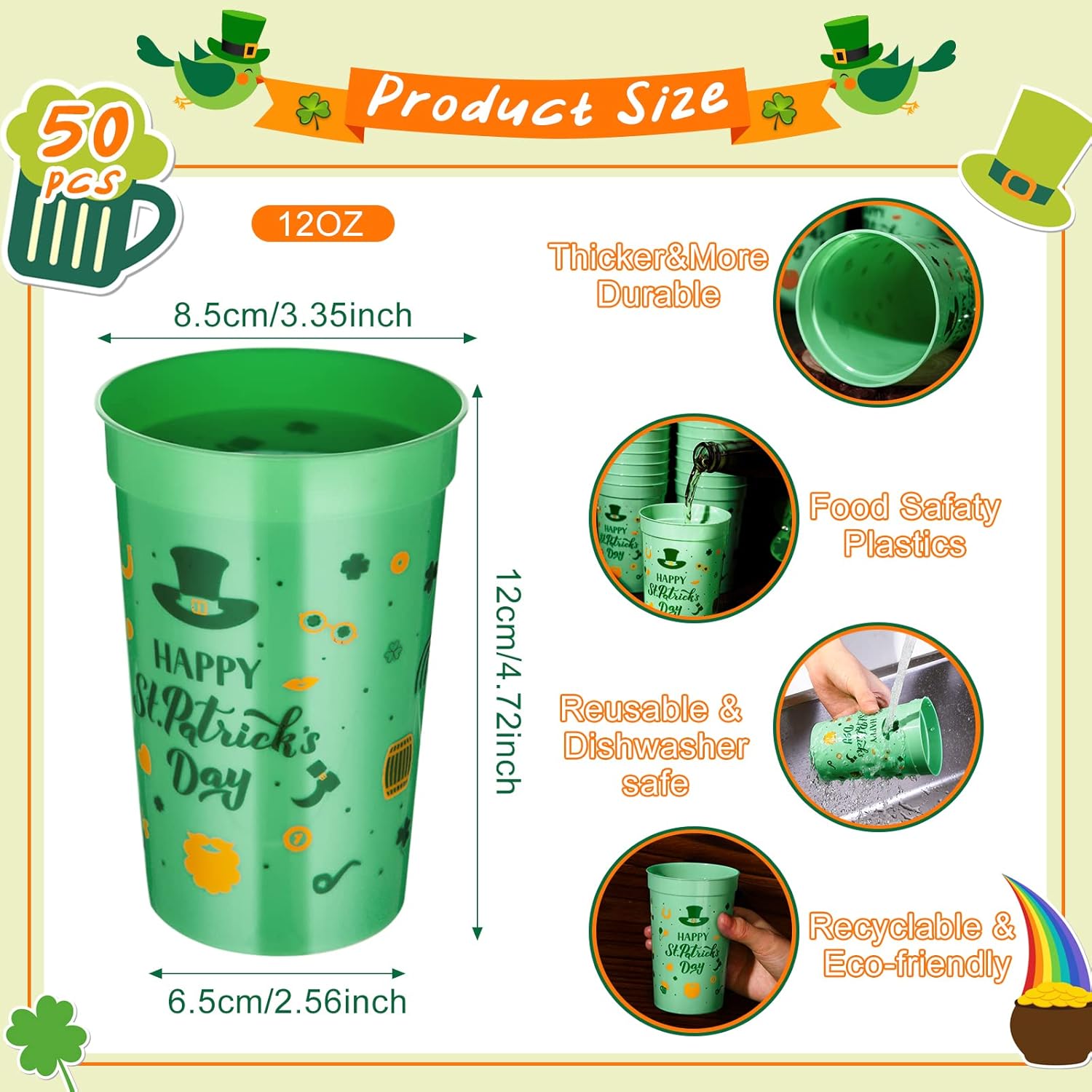 Meanplan 50 Pcs St Patrick's Day Party Cups Bulk Happy St Patrick's Day Plastic Cups Shamrock Disposable Cups Green Lucky Drinking Cups for Beer Beverage Ice Cream Party Supplies (12 oz)