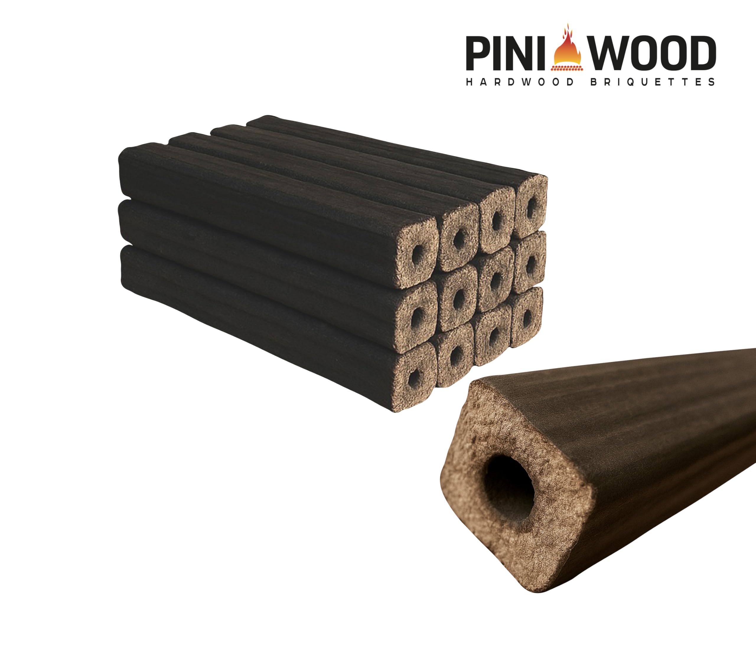 PINI Kay Briquetas de madera de roble, 23 cm de largo, cuadradas con agujero de tracción, 22,5 kg, briquetas de madera dura, briquetas de madera de roble, chimenea, horno y barbacoa