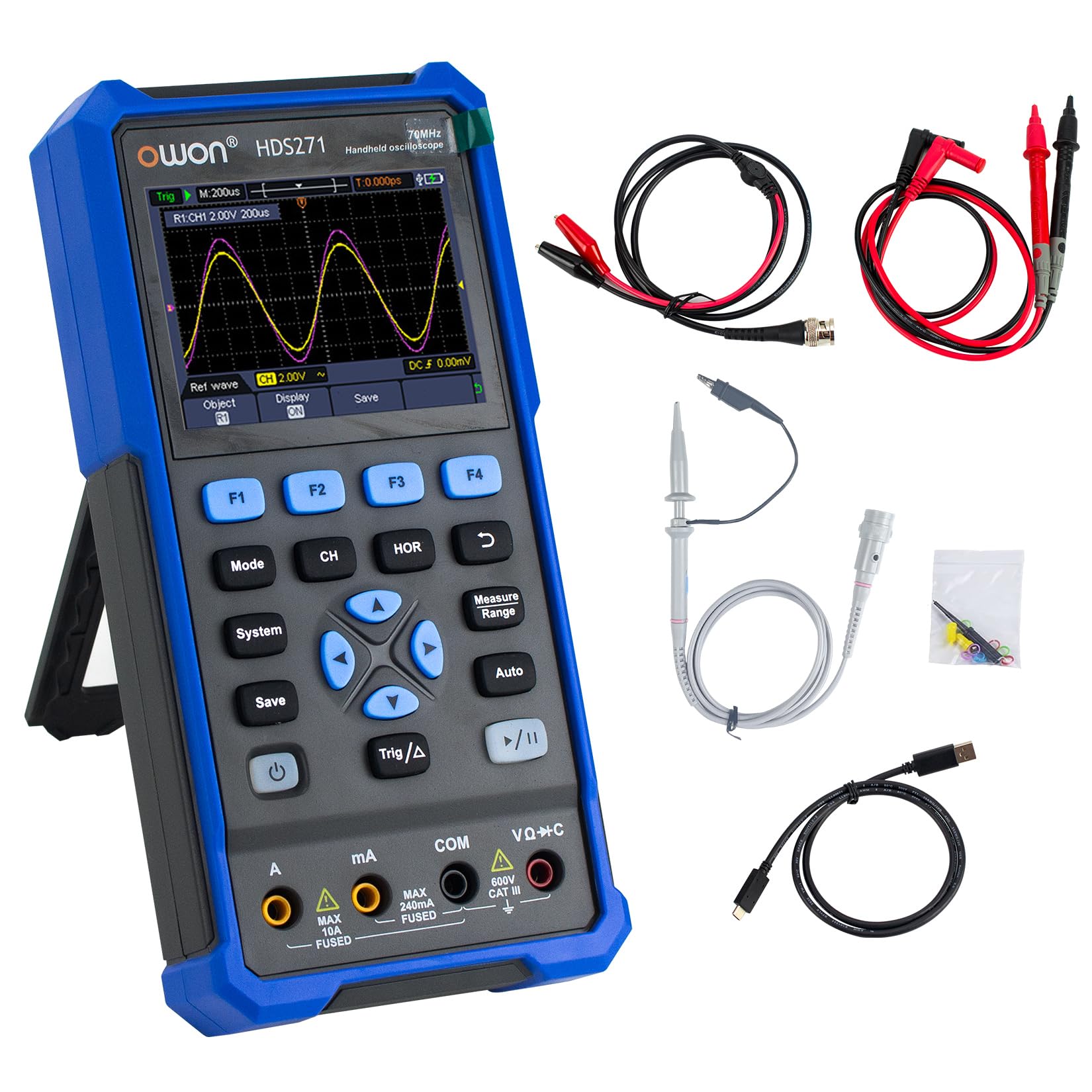 OWON HDS271 Oscilloscopio portatile a canale singolo,3 in 1 larghezza di banda 70MHz,multimetri a 1 canale,24000 conteggi con USB tipo C (oscilloscopio+multimetro+generatore da 100kHz)