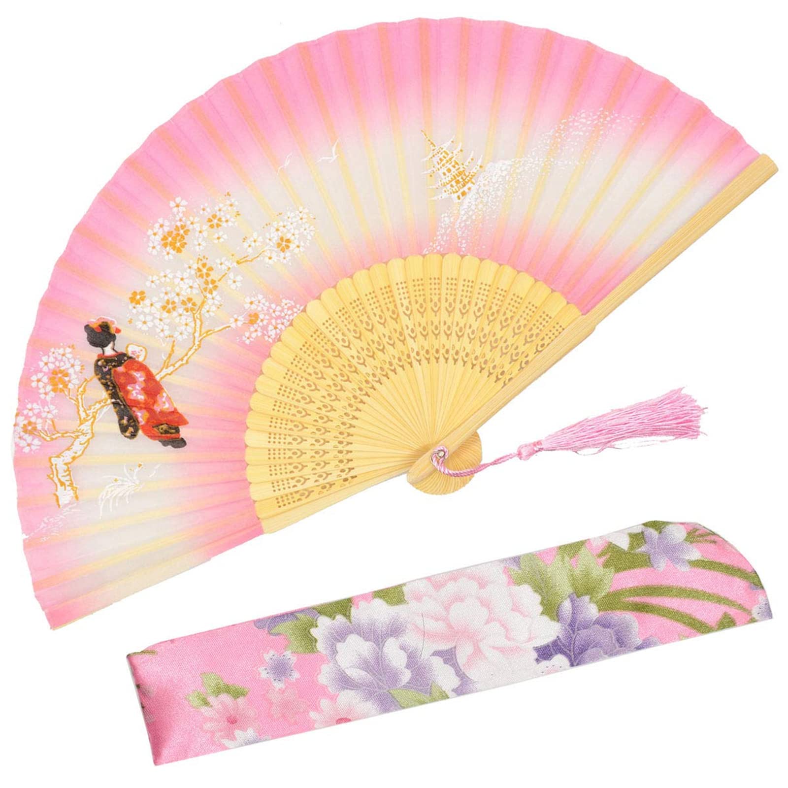 Excefore Folding Hand Fan, Chinese/Japanese Vintage Retro Style Bamboo Wood Silk Folding Hand Fan with a Fabric Sleeve for Women, Pink