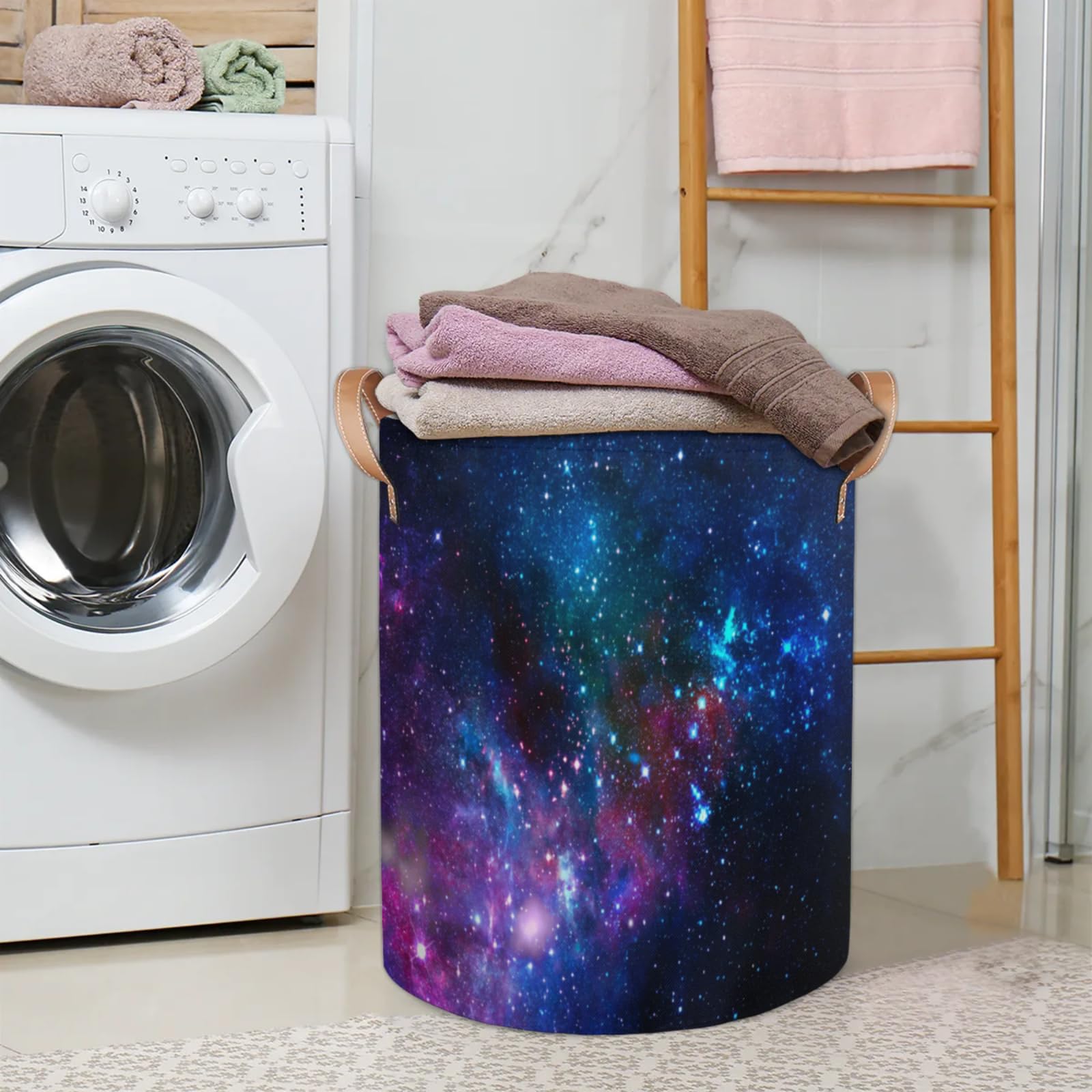 Kids Laundry Hamper Collapsible Laundry Baskets for Nursery Home Dirty Clothes Toys Storage Galaxy Nebula Round Large Laundry Bucket with Leather Handles