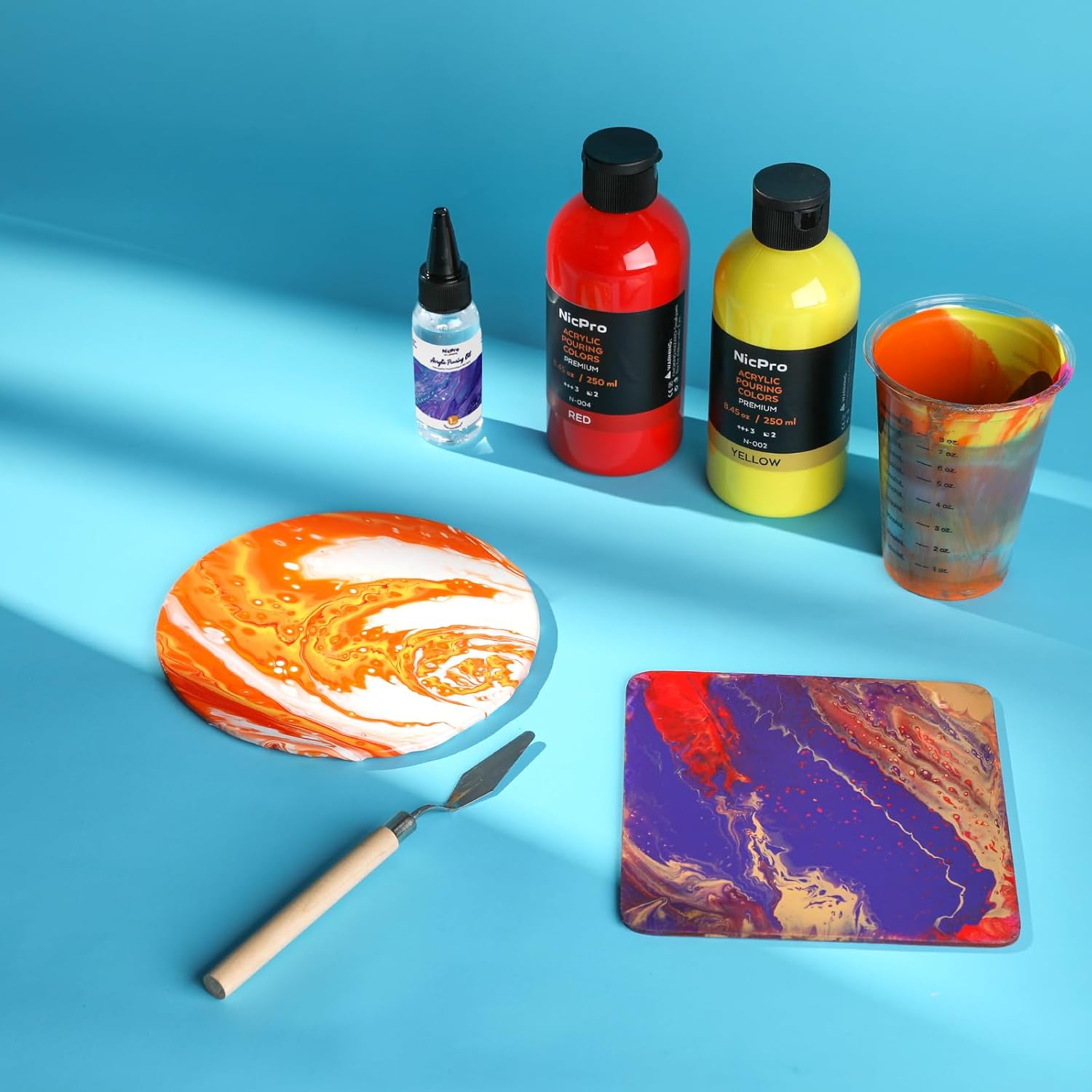 Nicpro 14 Colors 8.45oz Acrylic Pour Paint Supplies Kit, Large Volume Premixed High Flow Painting Bulk Set with Canvas, Wood Natural Slices, Pouring Oil, Tools Gloves, Strainer, Cups for Beginner DIY
