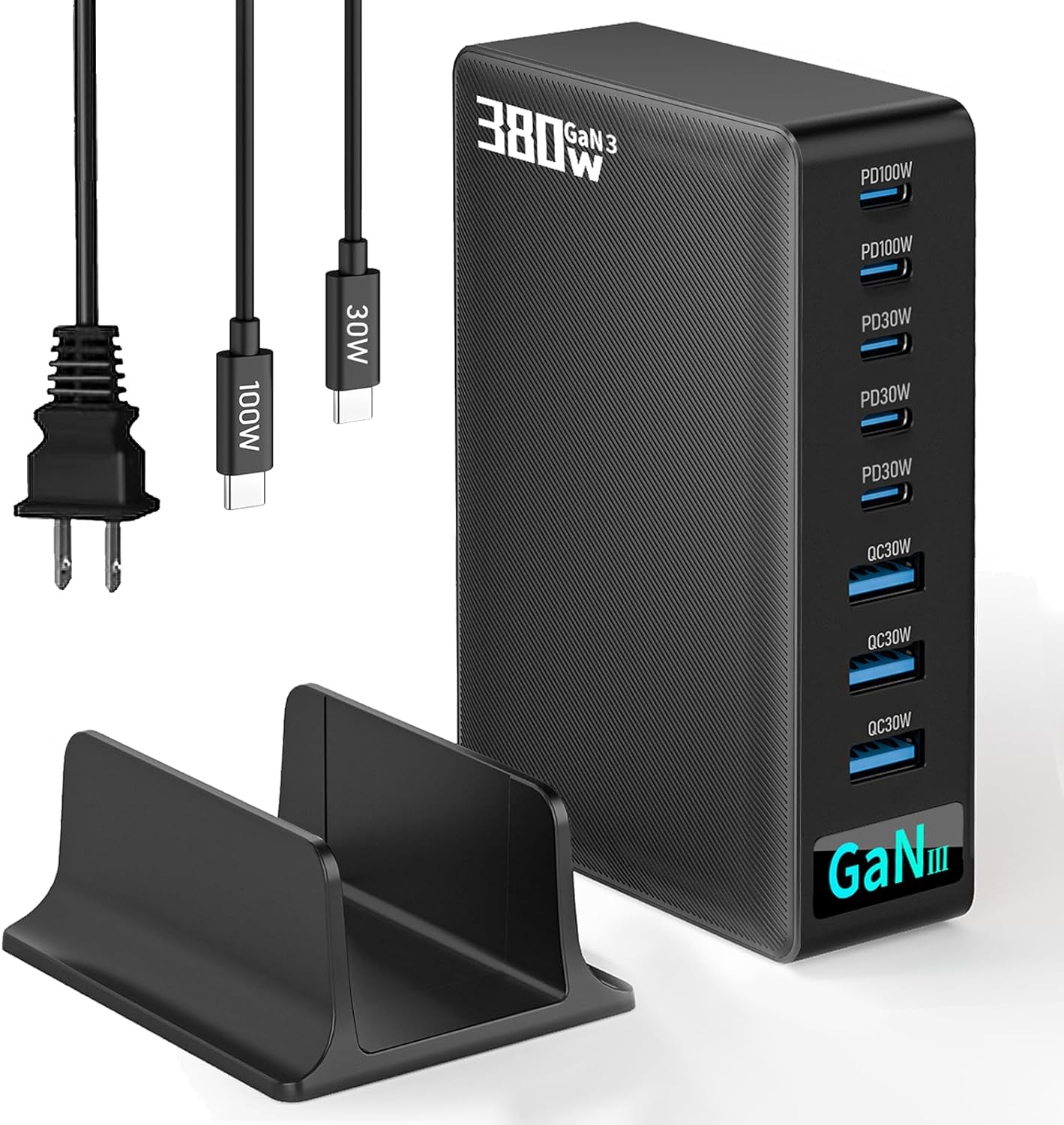 380W USB-C Charger Block, 8-Port USB-C Charging Station PD 30W + 100W PC Laptop, Fast Charging Hub with High-Power Fast Charging Cable for MacBook Pro/Air, DELL, iPad, iPhone, Samsung Galaxy Black