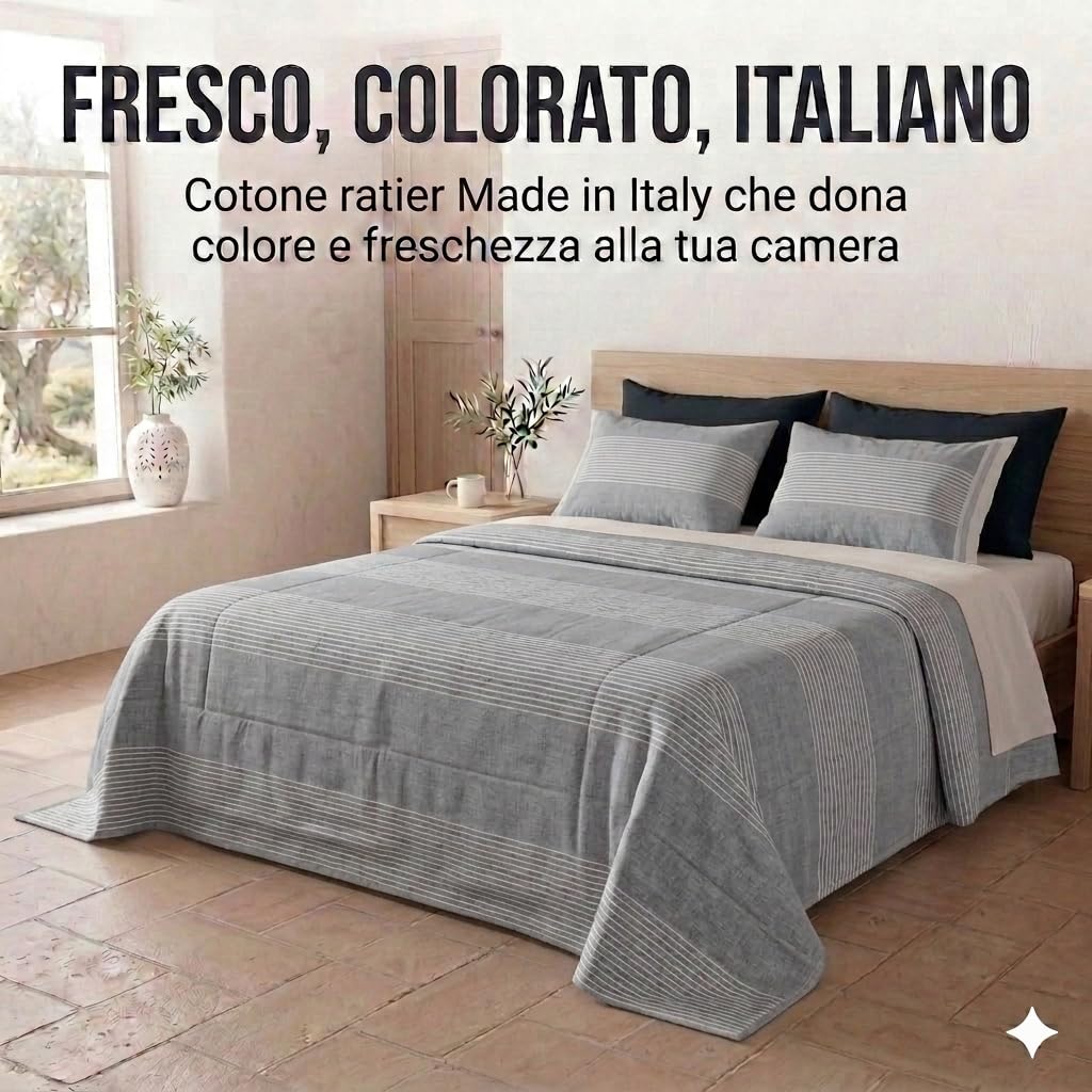 fashion home Pagano Copriletto Matrimoniale Kerala in Cotone Leggero, Telo Copridivano Copritutto Multiuso a Righe, Gran Foulard Primavera Estate 260x260 cm [Grigio]