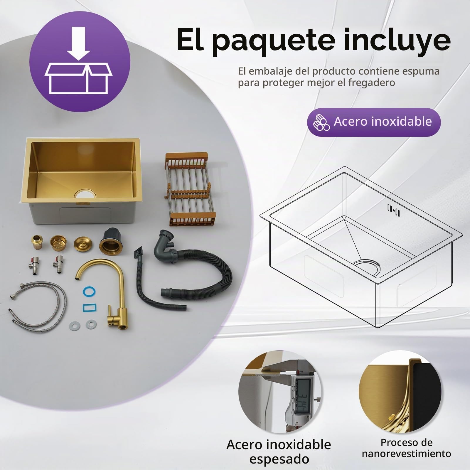 60x40cm Fregadero De Cocina De Acero Inoxidable oro, Un Seno Con Grifo, Fregadero Bajo Encimera o Sobre Encimera, Con Sifón Y Filtro De Drenaje, con Sifón, Dispensador de Jabón y Juego de Desagüe