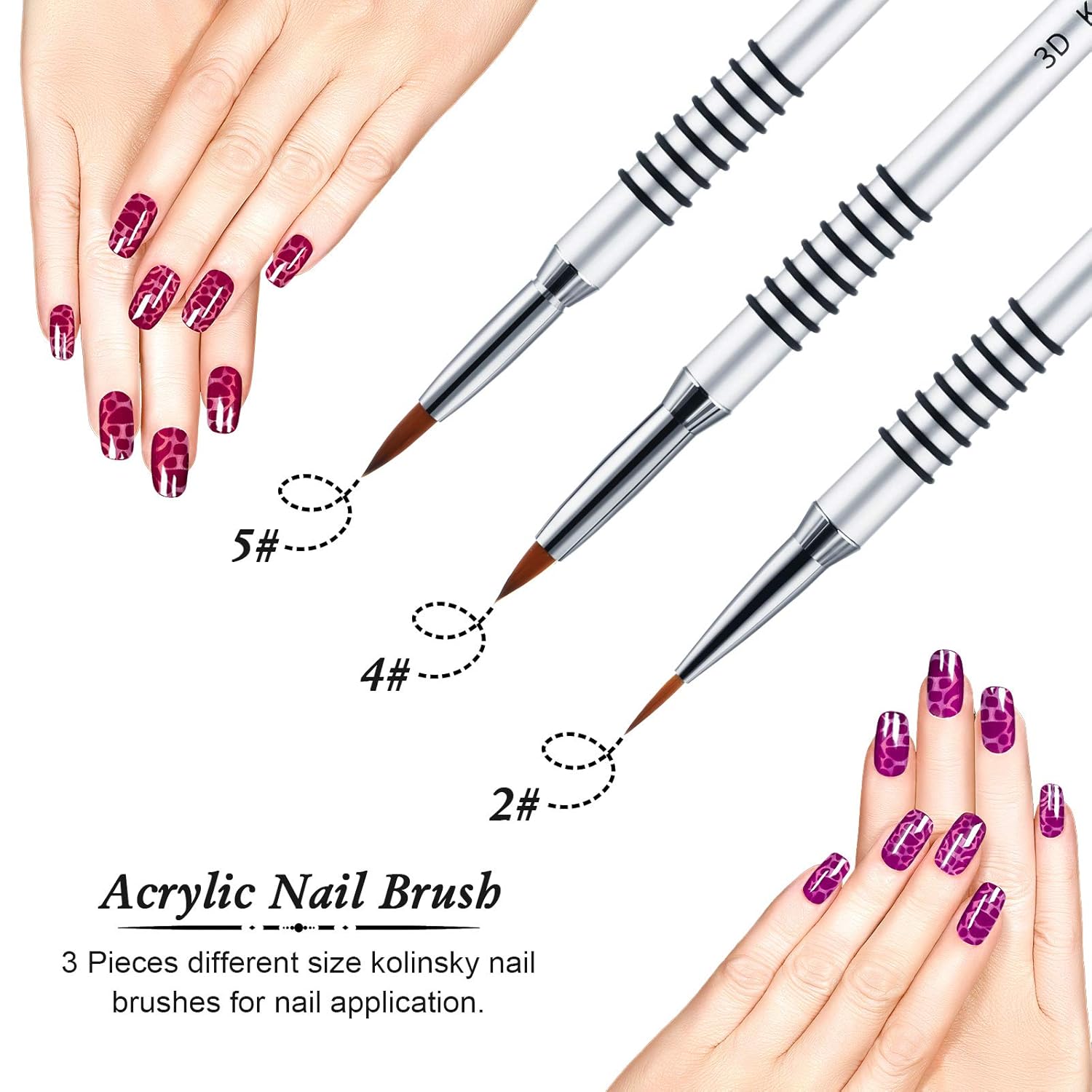 3 Pieces Kolinsky Acrylic Nail Brush 3D Nail Art Brush with Silver Metal with Non-slip Handle (Silver,Size 2, 4, 5) : Beauty & Personal Care