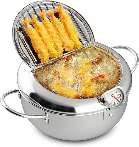 Miniatura 1 de BestAlice Olla para freidora, olla de acero inoxidable de 10 pulgadas (3.4 litros), olla de freidora mejorada con termómetro, olla japonesa pequeña