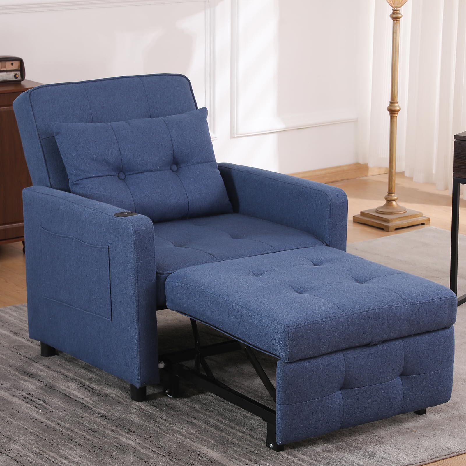 3-in-1 Convertible Futon Sofa Bed Chair Velvet Button Tufted Upholstered Pull Out Sleeper Chair with Adjustable Backrest USB