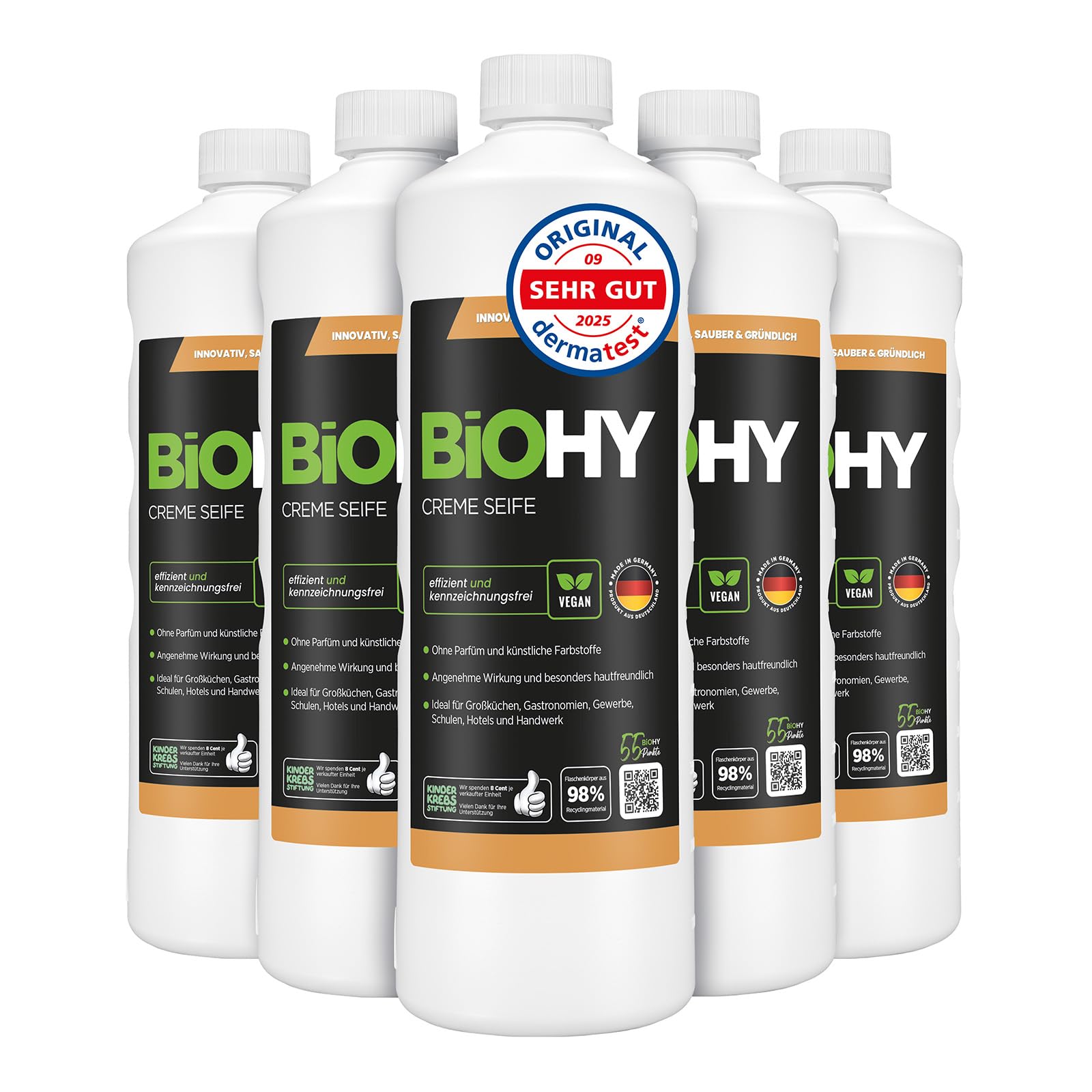 BiOHY Savon crème liquide (6 x 1l Bouteille) | Recharge de Savon à Mains Doux, hydratant et inodore du Secteur végétal sans Phosphate | sans Parfum ni Colorant (Creme Seife)