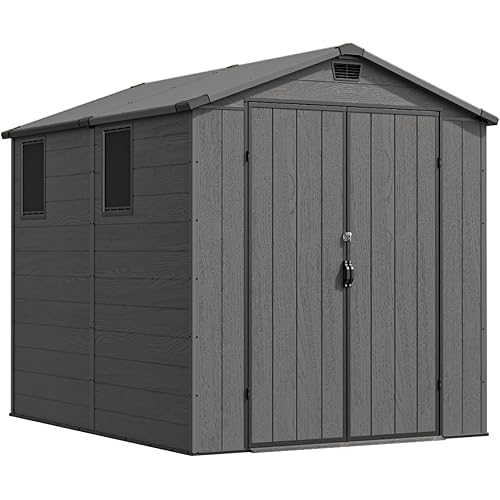 Devoko 6x8 Ft Outdoor Storage Shed - Lockable Resin Tool Shed with Window & Floor - Easy Assembly for Garden, Backyard, Dark Gray