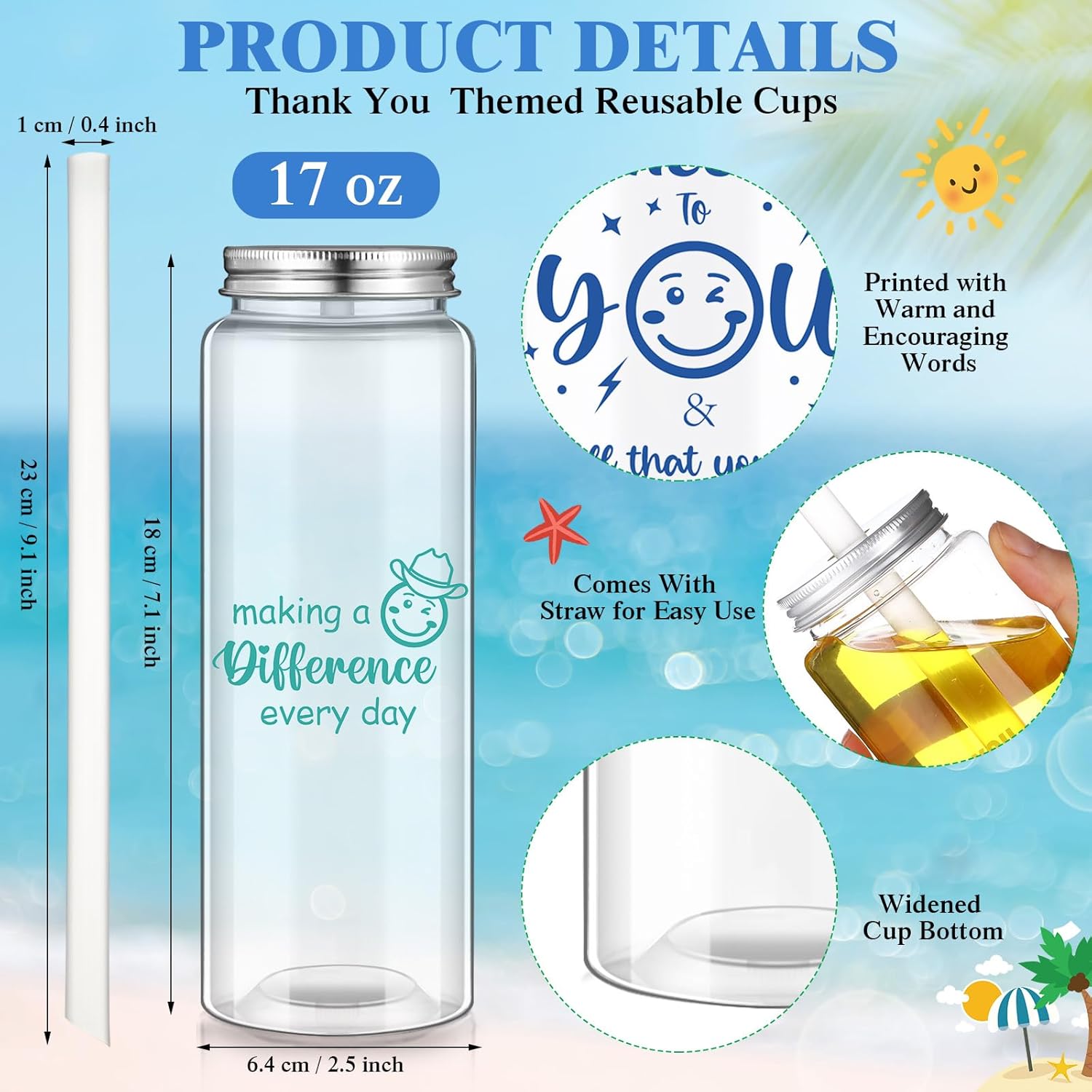 Skylety 24 Pcs Employee Appreciation Gifts Thank You Plastic Cups with Lids Straw 17 oz Reusable Acrylic Skinny Tumblers Smile Face Valentines Appreciation Gift for Coworker Staff Teachers Nurses Team - Image 2