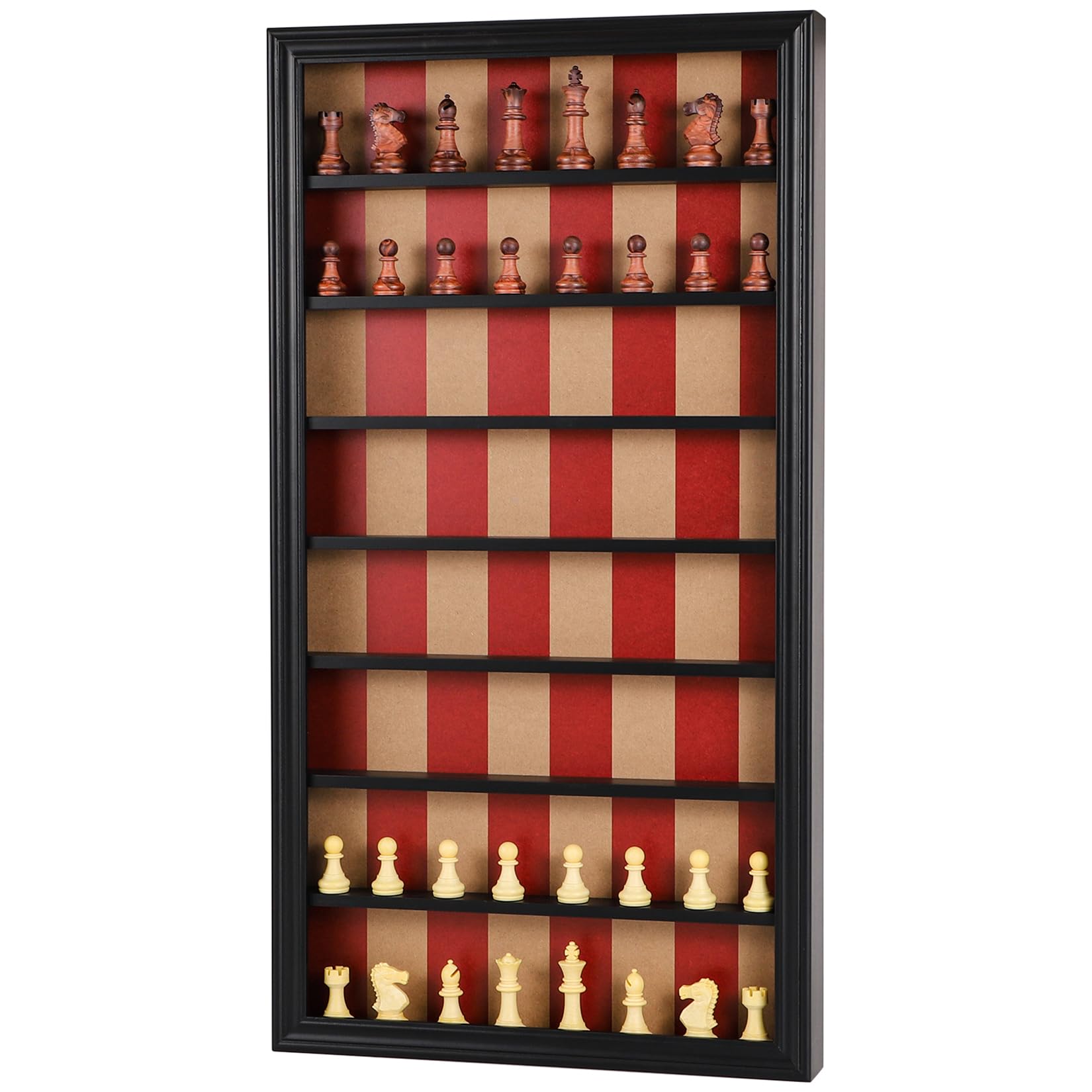 Grhonior Wall Mount Chess Board Game Wooden Giant Chess Game Set Vertical Hanging Display Case Family Play Game Art Decor for Home (Black)