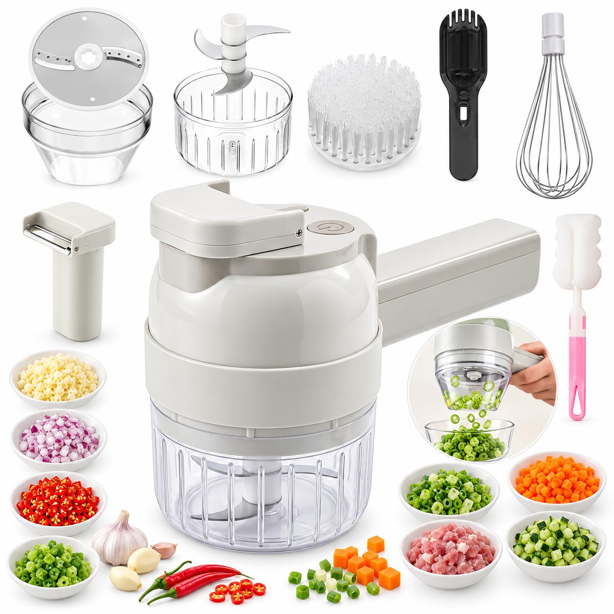 4 in 1 Handheld Electric Vegetable Cutter, 2026 New Wireless Multi Blade Vegetable Chopper Electric, Multi-function Food Processor with Brush &amp; Egg Beater for Chopping, Slicing and Whipping (White)