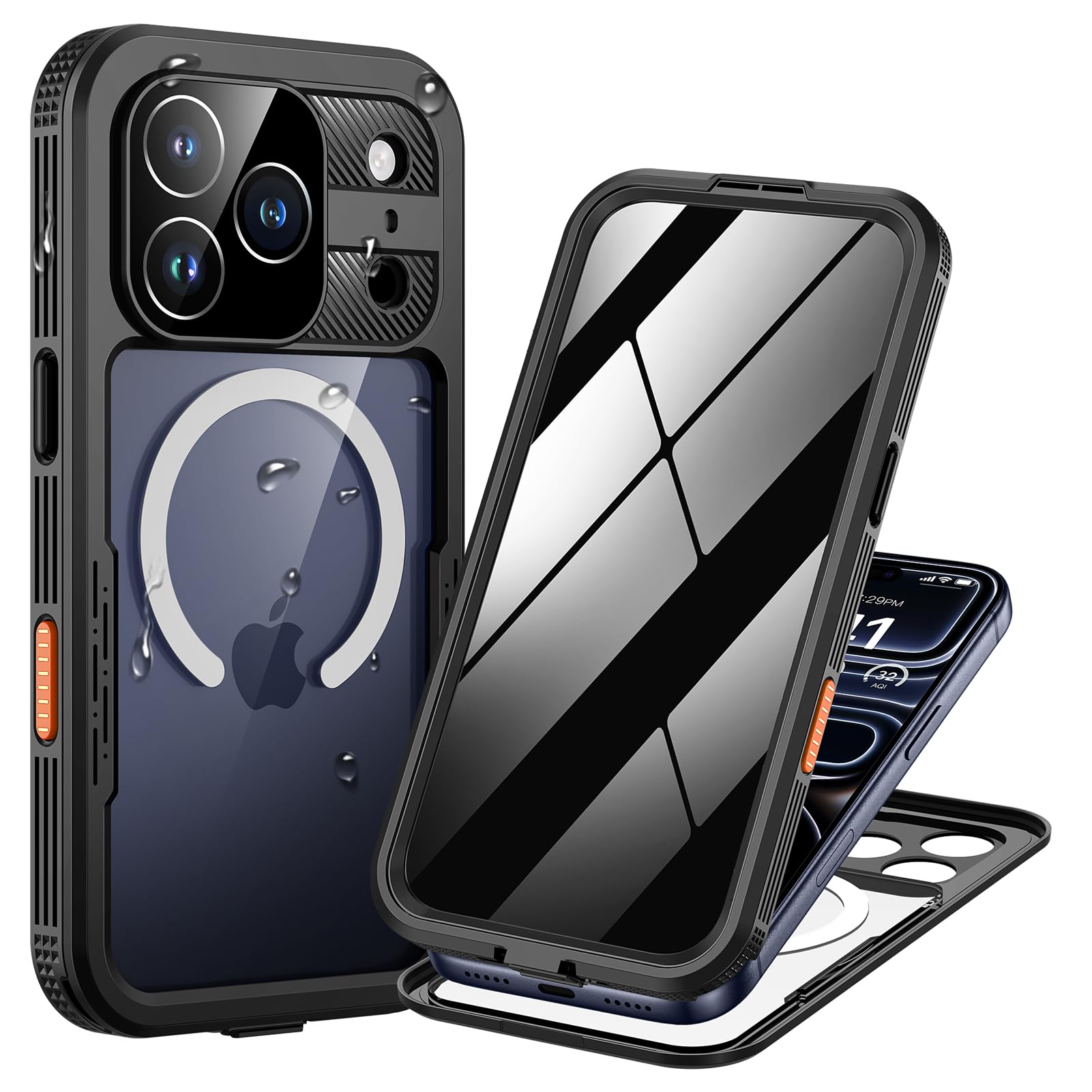 Lanhiem Coque pour iPhone 17 Pro IP68 Étanche Anti-Espion 360 Integrale | Noir,Imperméable,Waterproof,Étui avec Privacy Protection écran,Antichoc,Incassable,Antipoussière,Anti-Spy,Renforcée,Chantier
