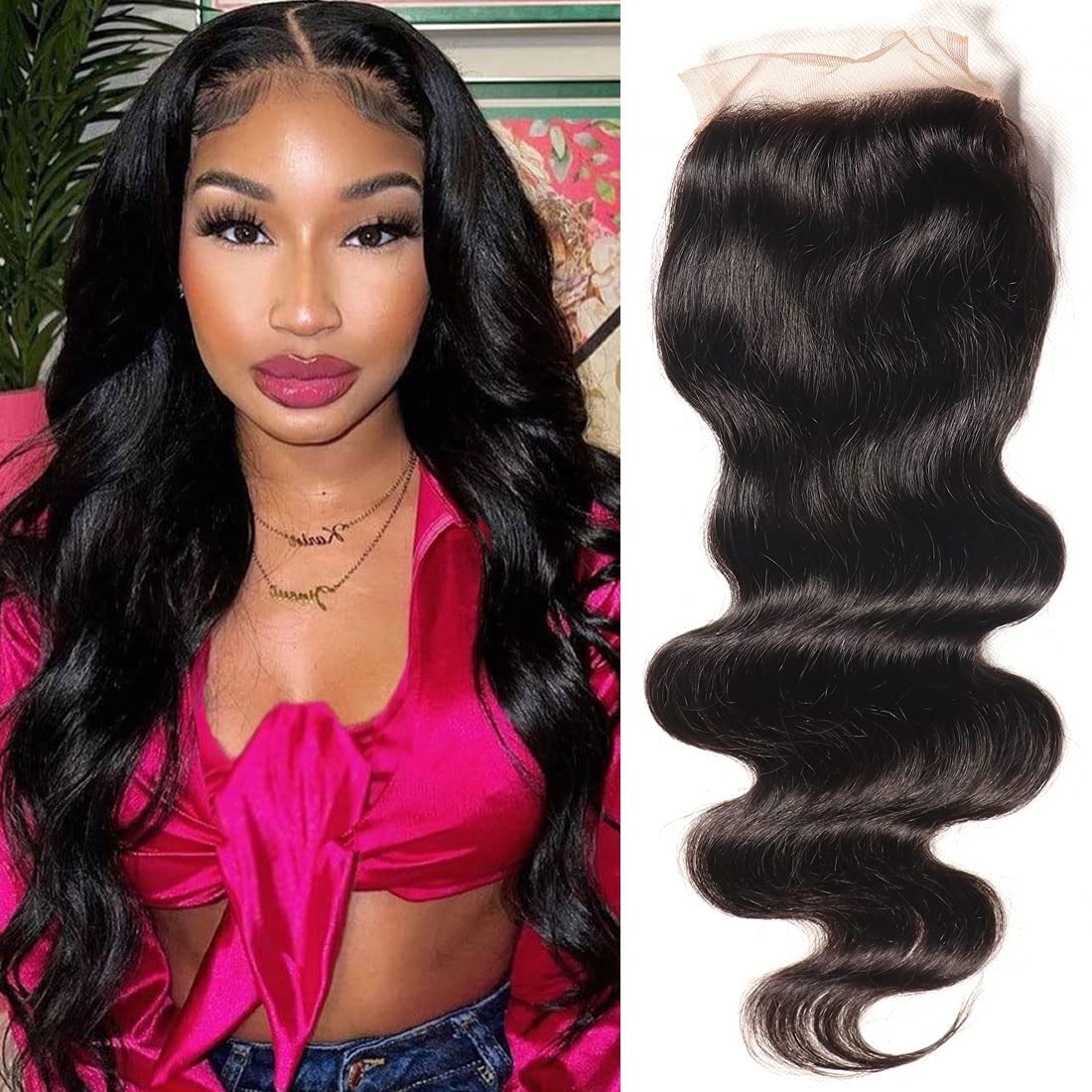 Nadula Hair 12A Body Wave 4x4 lace Closure Free Part, 100% Unprocessed Brazilian Human Virgin Hair Top Swiss Lace Closure with Baby Hair Natural Black Color 18 inch