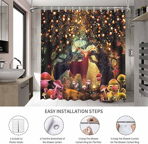 Miniatura 6 de MEHOFOND Cortina de ducha de cuento de hadas del bosque, 72 x 72 pulgadas, cortina de ducha impermeable con 12 ganchos y hongos del bosque, plantas