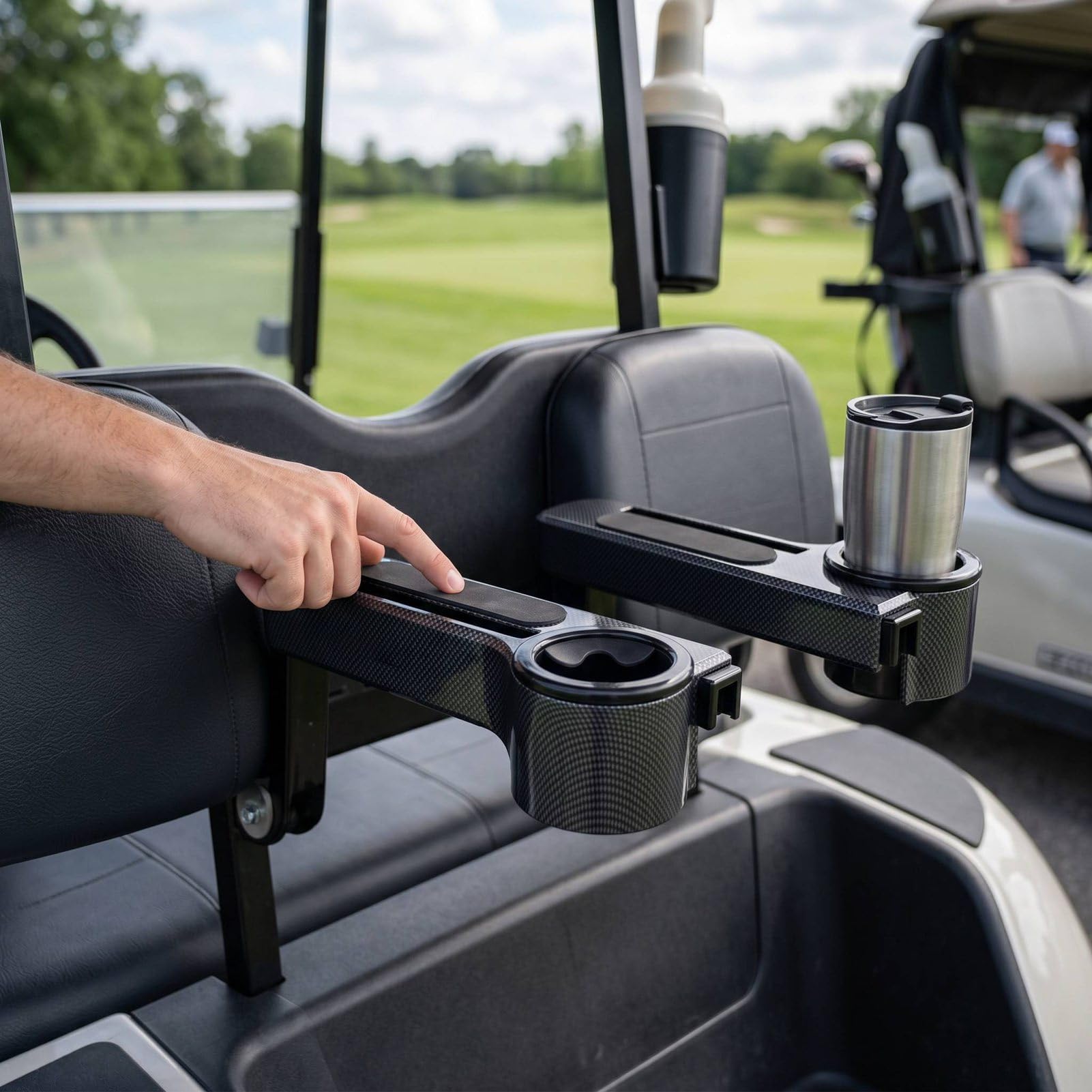 Cocoarm Podłokietnik Wózka Golfowego z Uchwytem na Kubek, Zestaw Podłokietników Tylnego Siedzenia z Włókna Węglowego ABS, Lewy i Prawy Podwójny Uchwyt na Napoje, Zamiennik dla Pasażerów z Tyłu Wózka