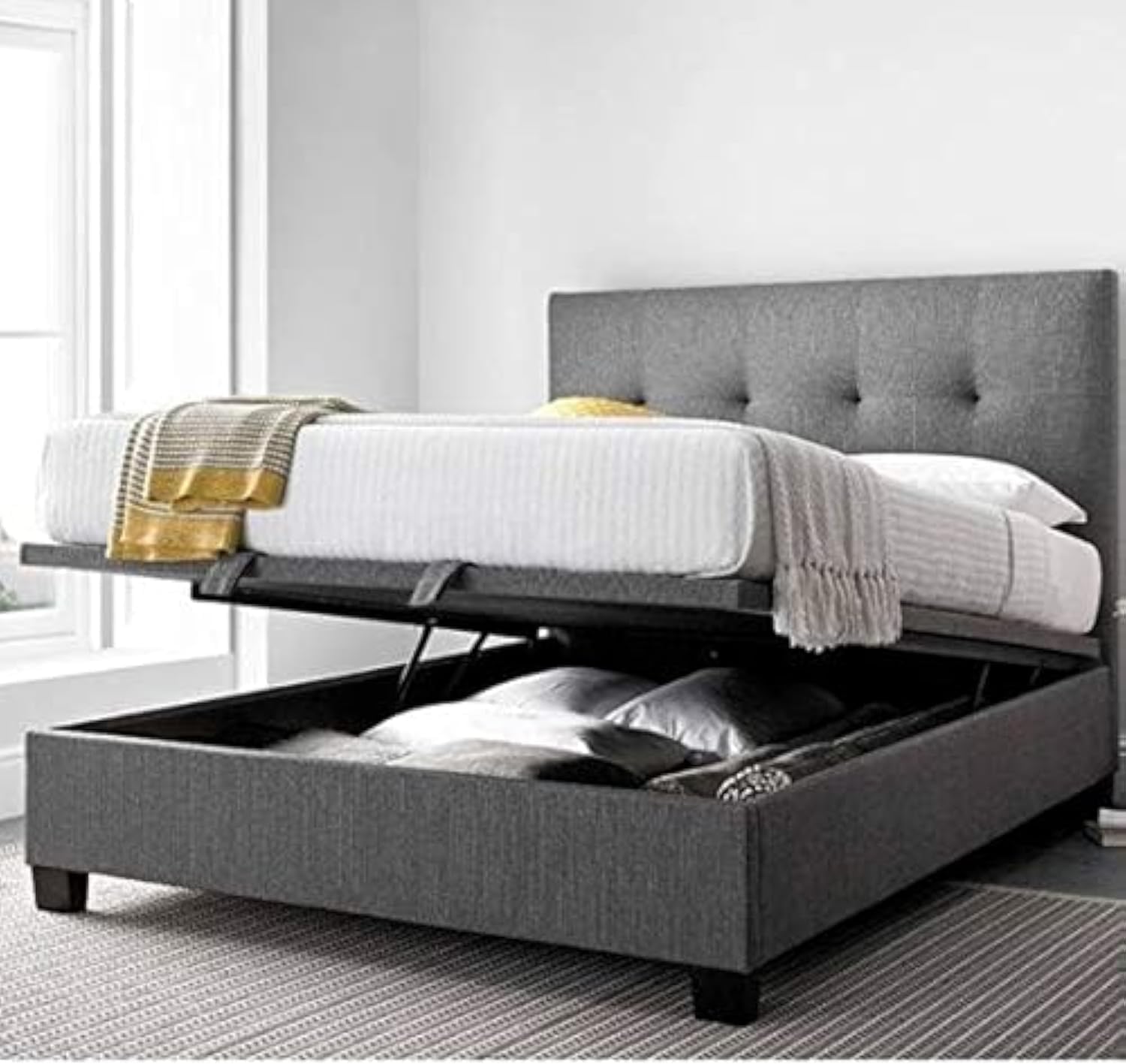 YORKIE GREY FABRIC OTTOMAN UPHOLSTERED BED WITH GAS LIFTUP STORAGE - QUEEN SIZE (160cm x 200cm, No Mattress) by R2R Furniture