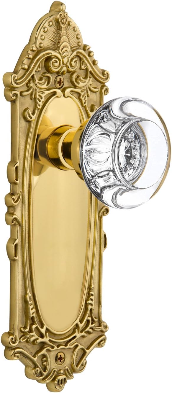 Nostalgic Warehouse Victorian Plate with Round Clear Crystal Glass Knob, Double Dummy, Unlacquered Brass