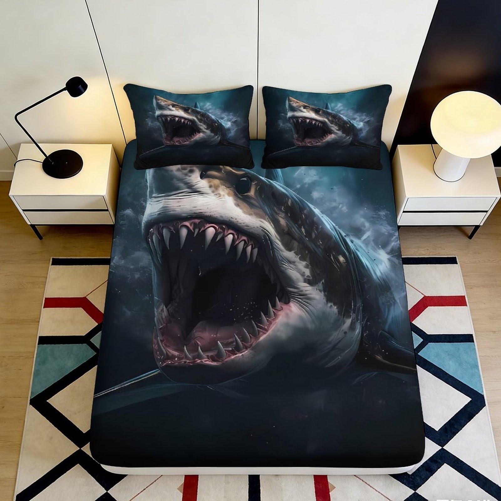 3D Printed Shark Ocean Fitted Sheet Microfiber Soft Breathable Underwater Predator Mattress Cover for Bedroom Dorm Bed Decor 90x200x25cm