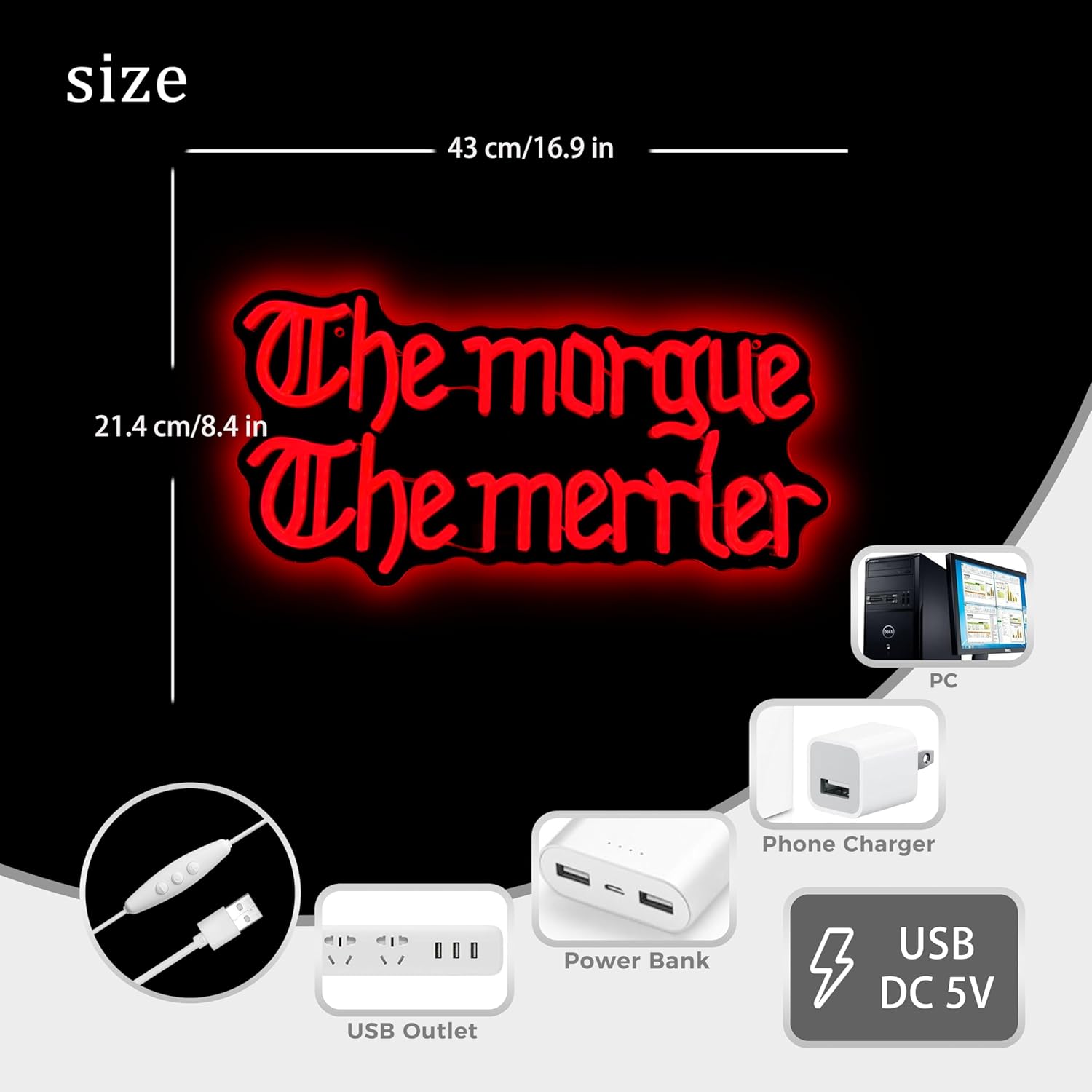 The Morgue The Merrier Neon Sign,Gothic Dark Humor LED Neon Lights for Wall Decor,Horror LED Light for Haunted Mansion Themed Party Bar Bedroom Game Room Man Cave Decorations,8.4x16.9 Inches.