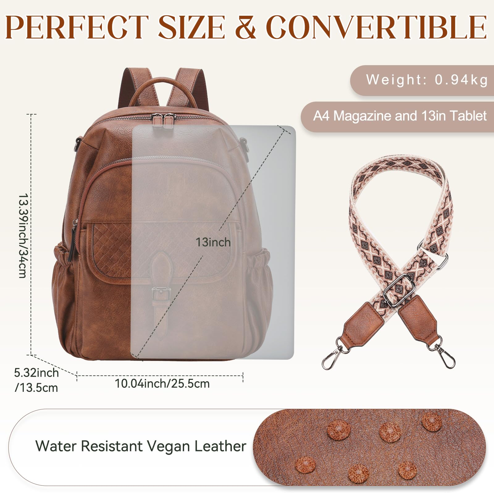 RAVUO Mochila Mujer,Bolso Mochilas de Cuero PU Impermeable Casual Mochila Casual Bolso de Bandolera Piel para Escuela Viaje Compras,Marrón