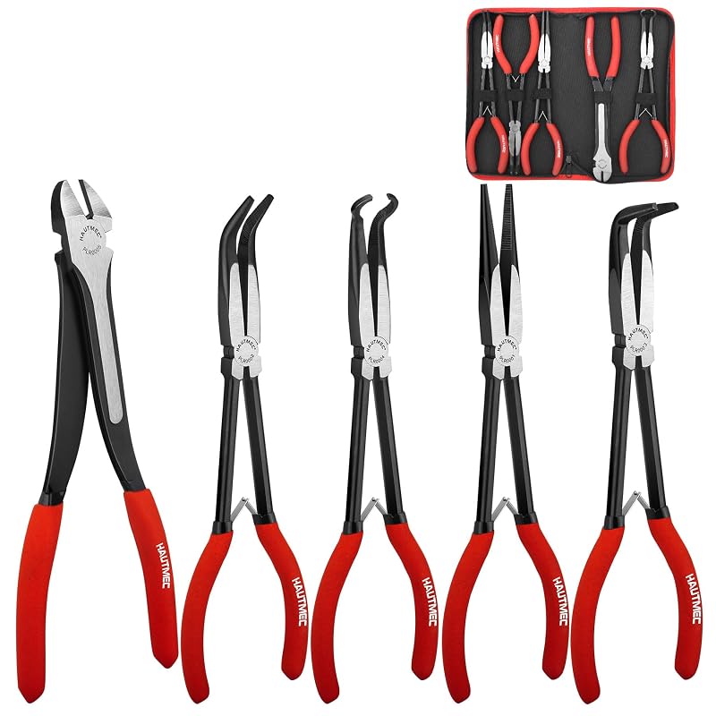 Jogo de Alicates de Longo Alcance HAUTMEC com 5 Peças, 27,9 cm, Bico Reto, 45° e 90°, Alicate para Mangueiras e Corte Diagonal HT0316-DE
