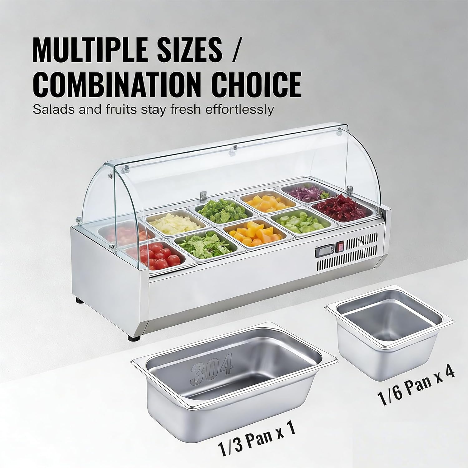 Refrigerated Condiment Prep Station – 130W Countertop Commercial Condiment Cooler with 1/3 & 1/6 Pans, 304 Stainless Steel Body, PC Lids, Glass Guard – ETL Certified – Silver