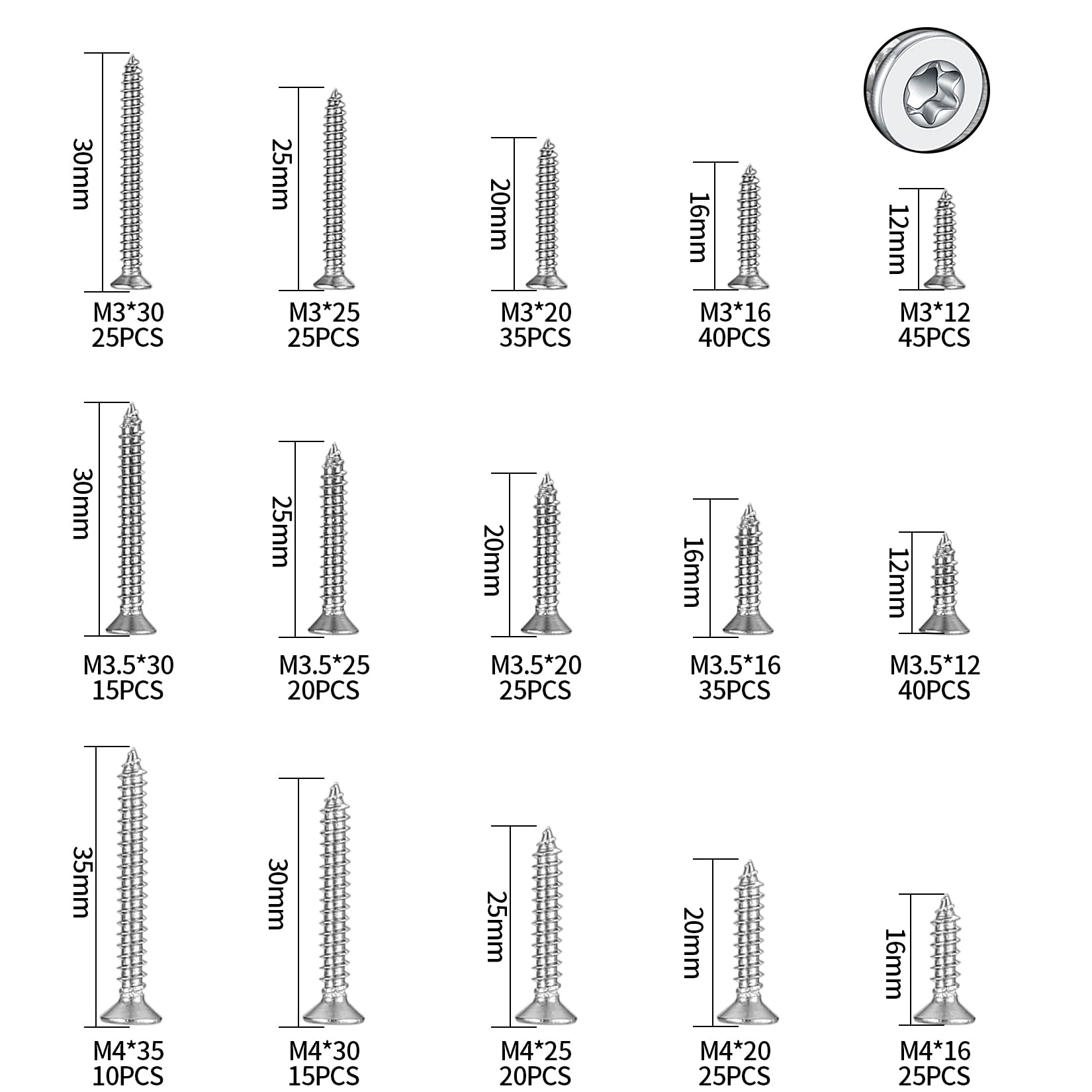 400 Pezzi Viti Autofilettanti, Viti Autoperforanti Torx a Testa Svasata in Acciaio Inossidabile, Viti per Cartongesso Legno con Punte da Trapano - M3/M3.5/M4, 12mm/16mm/20mm/25mm/30mm/35mm (Argento)