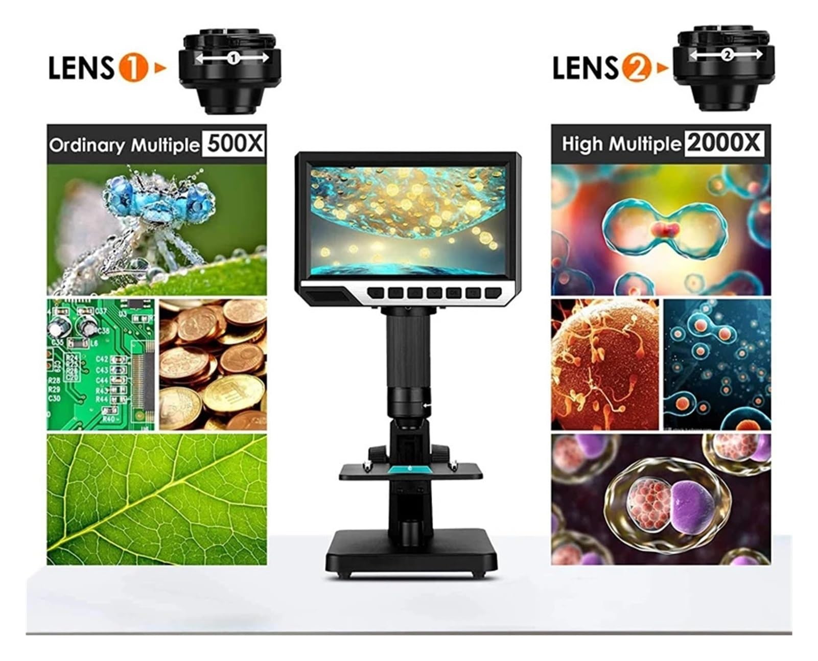 2000X Digitalmikroskop 7-Zoll-HD-Display Elektronisches Industrie-USB-Mikroskop mit Doppellinse, Kamera, Zoom-Lupe, Endoskop