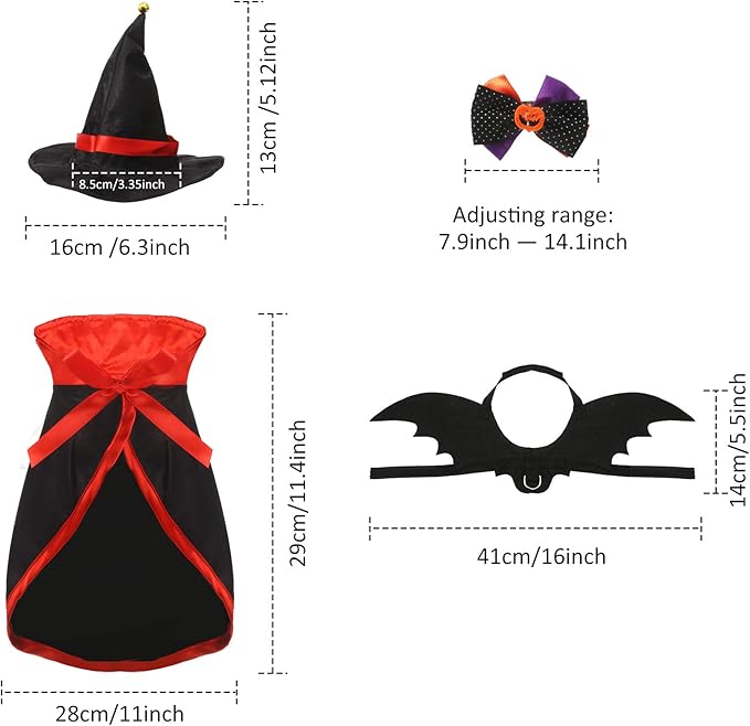 Frienda 2 sets accesorios de disfraz de gato Halloween, capa vampiro, sombrero bruja miniatura 2