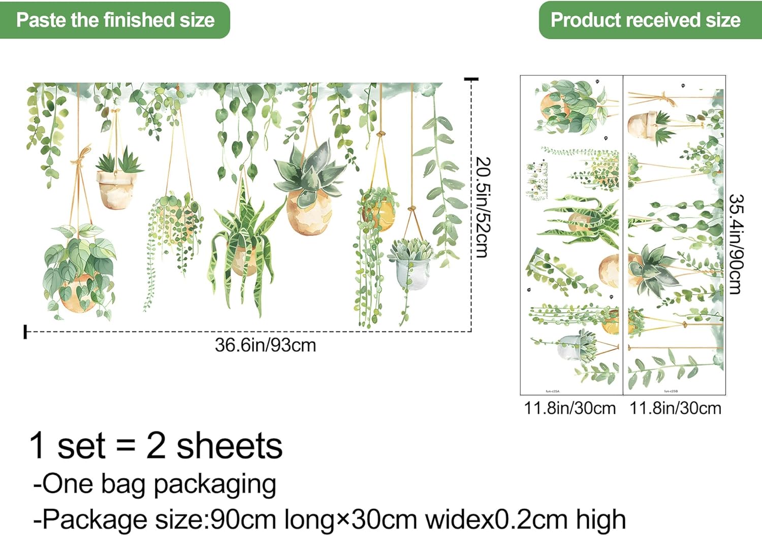 Green Plants Leaves Wall Decals Hanging Flower Vine Wall Stickers Large Removable Wallpaper Peel and Stick Watercolor Nature Vine Wall Art for Bedroom Living Room fun-c25