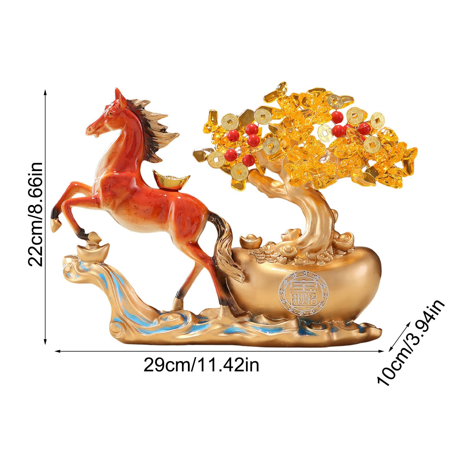Statuetka konia z drzewem pieniędzy, 29 x 22 x 10 cm, kryształowa rzeźba z żywicy, na biurko, regał na książki, parapet, szafkę, stolik nocny, do gabinetu, domu, biura