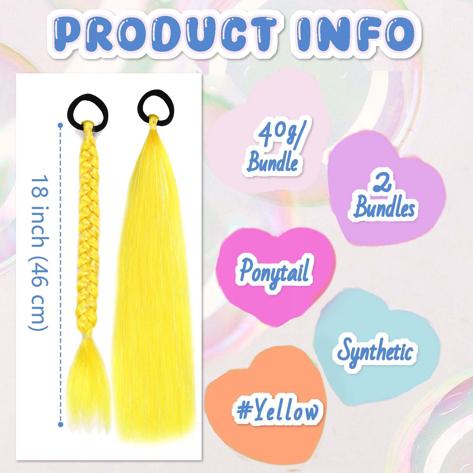 Rainbow Ponytail Extensions with Hair Tie 2 Packs 40g/Pack Coloured Hair Extensions for Braiding 18 inch Colorful Ombre Mermaid Pony Tail Synthetic Hair Extensions for Girl Women SSYellow - Image 3