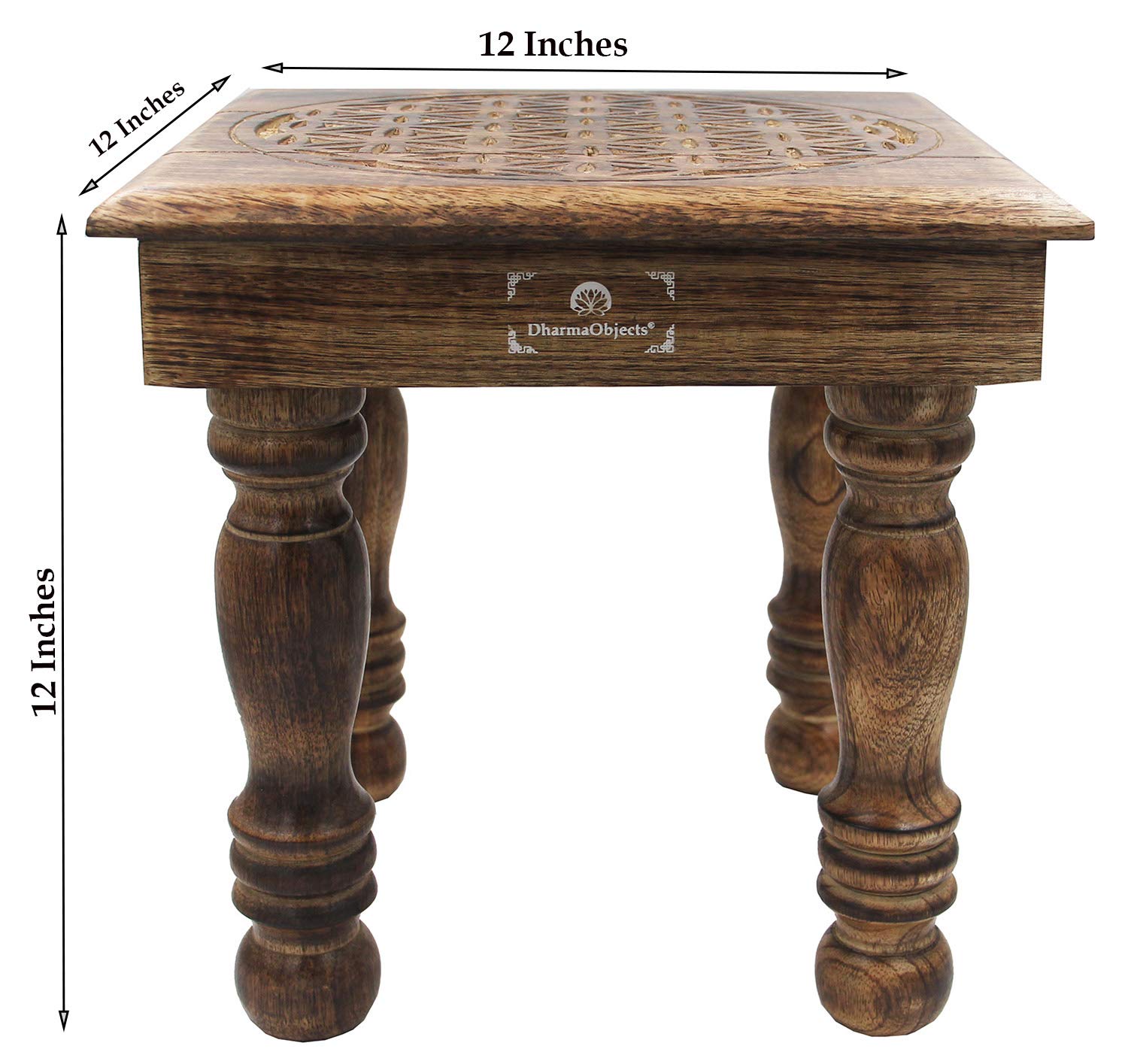 Table D'appoint LivuX Bois Manguier - Fleur De Vie Bleue 30x30cm - Table Méditation Cristaux Décoration