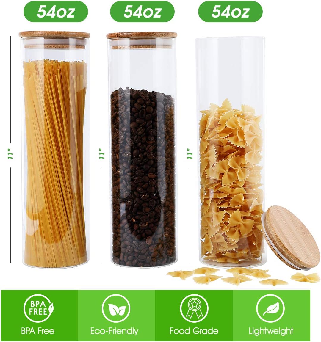FOCUSLINE 3 Pack Glass Kitchen Canister Set, High Borosilicate Glass Food Storage Jars with Airtight Bamboo Lid For Flour, Sugar, Candy, Cookie(54 OZ/1600 ML)