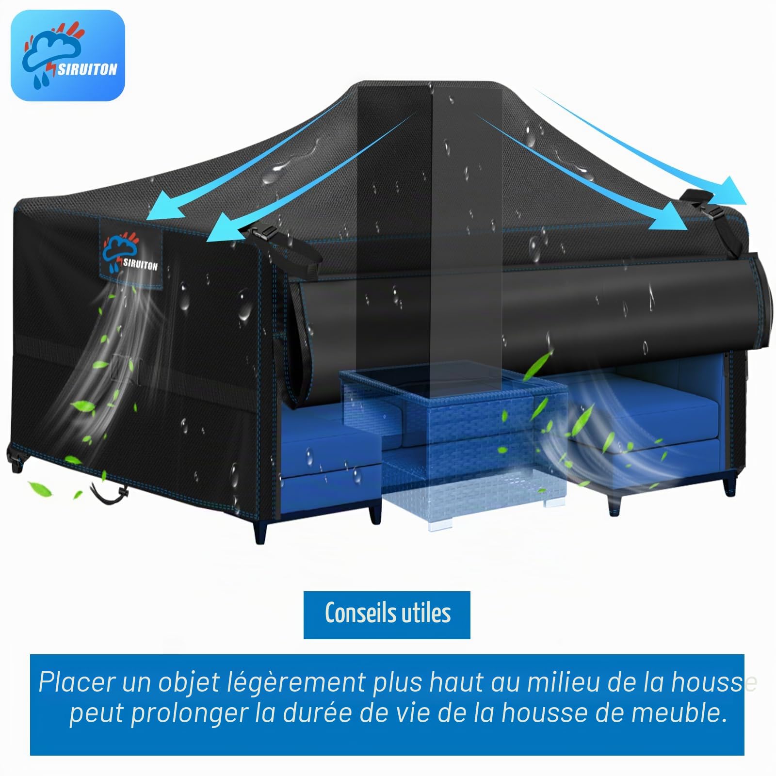 SIRUITON Housse de Meubles de Jardin imperméable et indéchirable 500D avec Fermeture éclair,résistante au Vent et aux UV - 220x120x74cm