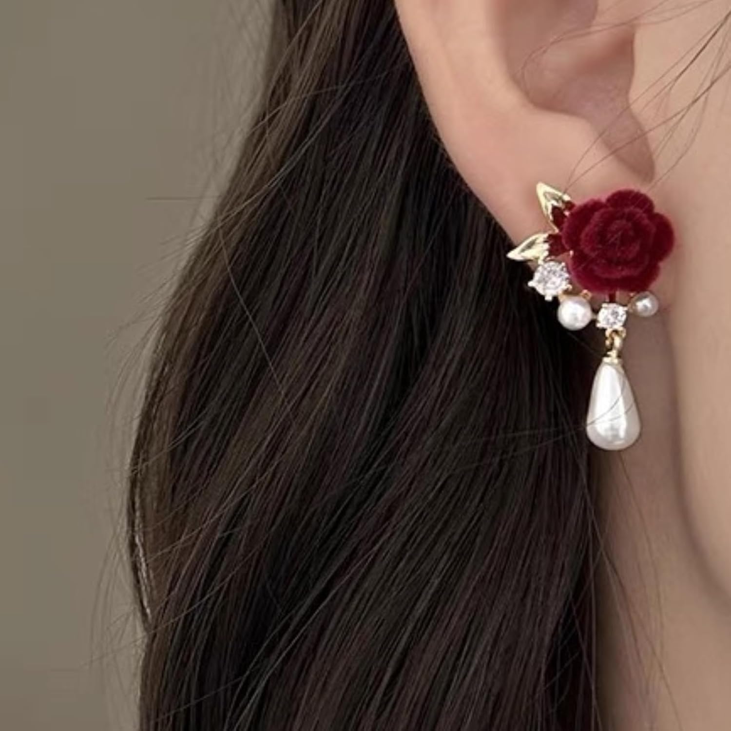 Red Rose Floral Pearl Drop Earrings for Women Retro Vintage Statement Dangle Earrings Elegant Romantic Accessories for Evening Party - Image 3