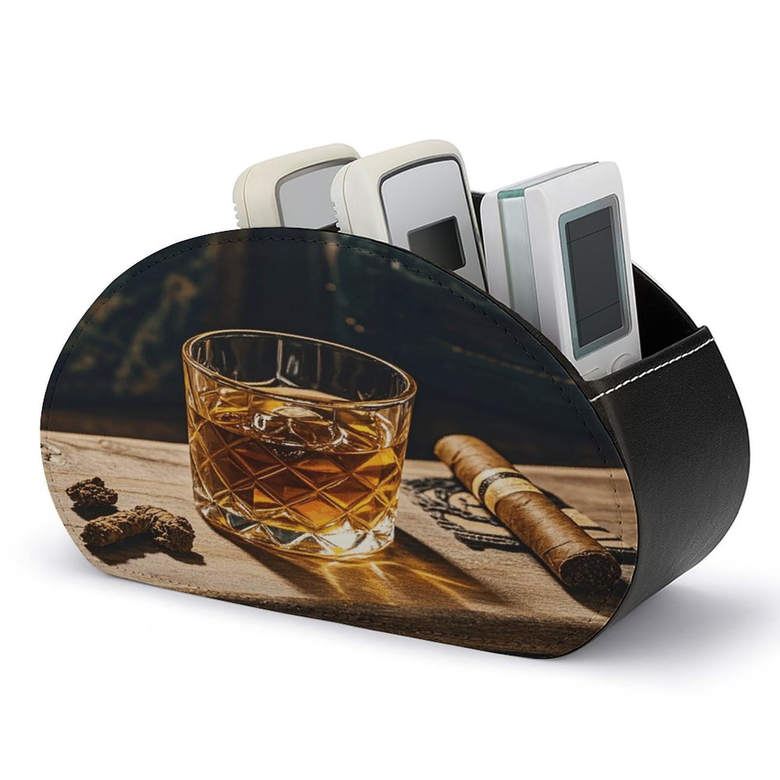 VstaDank Cigar & Whiskey Remote Control Holder with 5 Compartments PU Leather TV Remoter Caddy Desktop Organizer TV Remote Holder Remote Box for Media Controllers Office Supplies