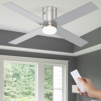 DWVO 52 Inch Flush Mount Ceiling Fan with Lights, Brushed Nickel Reversible 4 Blade Ceiling Fan with Dimmable 3 Color Temperature, 6 Speed DC Motor, Memory Function for Bedroom, Living Room